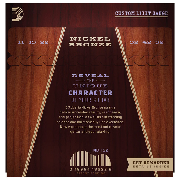 D'Addario NB1152 Nickel Bronze Acoustic Guitar Strings, 11-52