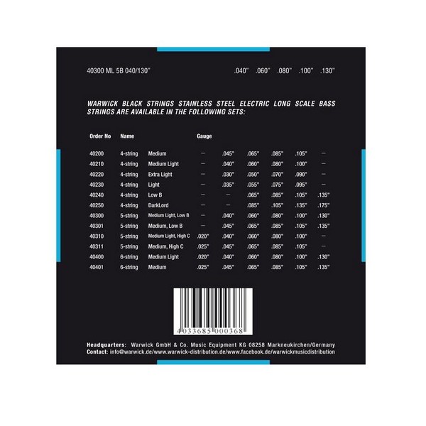 Warwick 40300-ML5B Black Label Medium Light Bass 5-String Set, 40-130