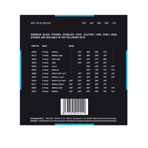 Warwick Black Label Medium Bass 5-String Set, 25-105 High C