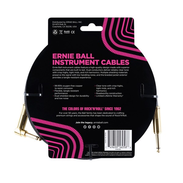 Ernie Ball 6058 25ft Straight-Angle Braided Instrument Cable, Black