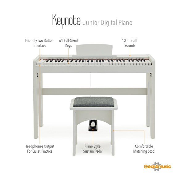 Keynote Junior Digital Piano & Stool by Gear4music, White