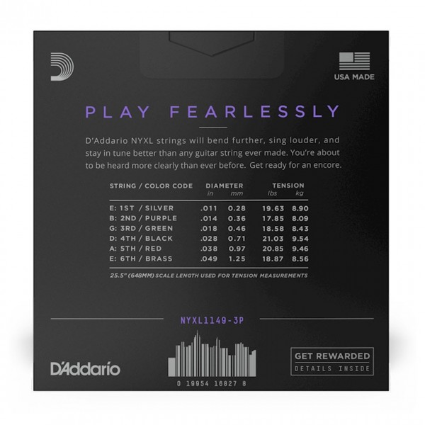 D'Addario NYXL1149-3P NYXL Electric Guitar Strings 11-49, 3 Pack