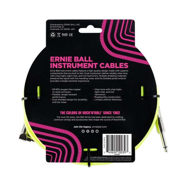 Ernie Ball P06085 18ft Straight-Angle Braided Cable, Yellow