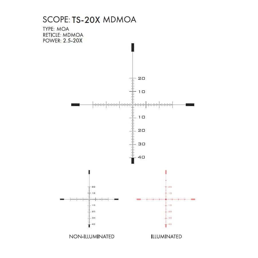 US OpticsTS 2.5-20x50mm; 34 mm Tube; Digital Red FFP MDMOA Reticle Riflescope TS-20X-MDMOA