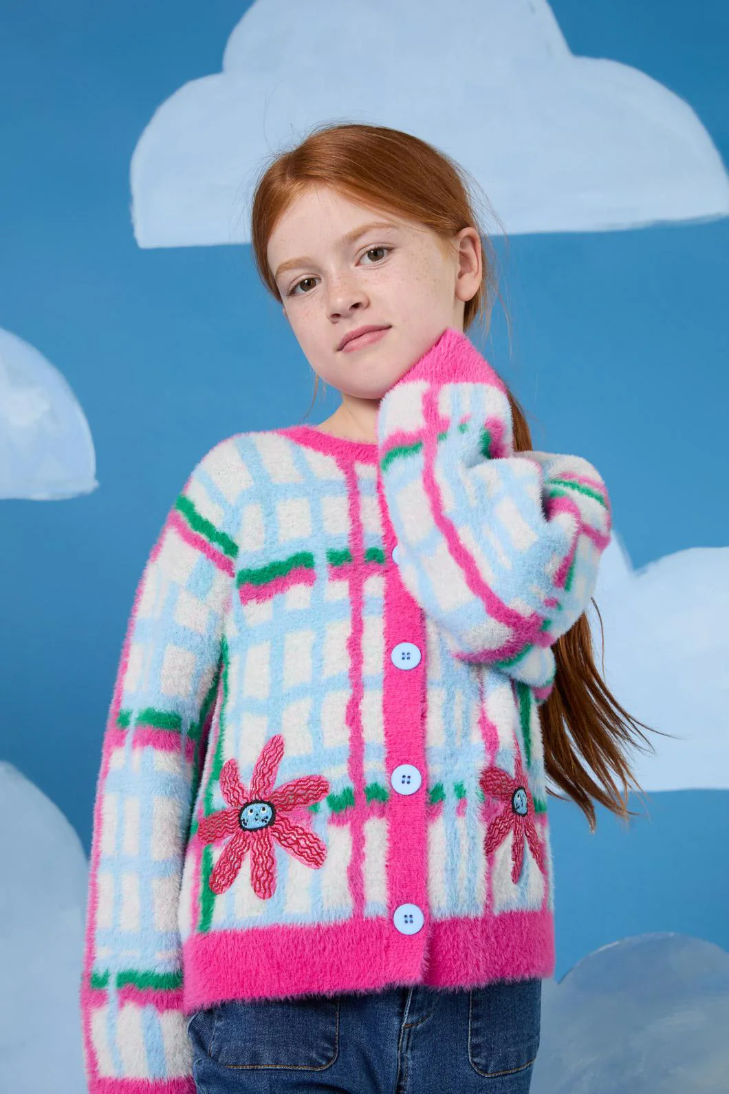 Fluffy Check Kids Cardigan