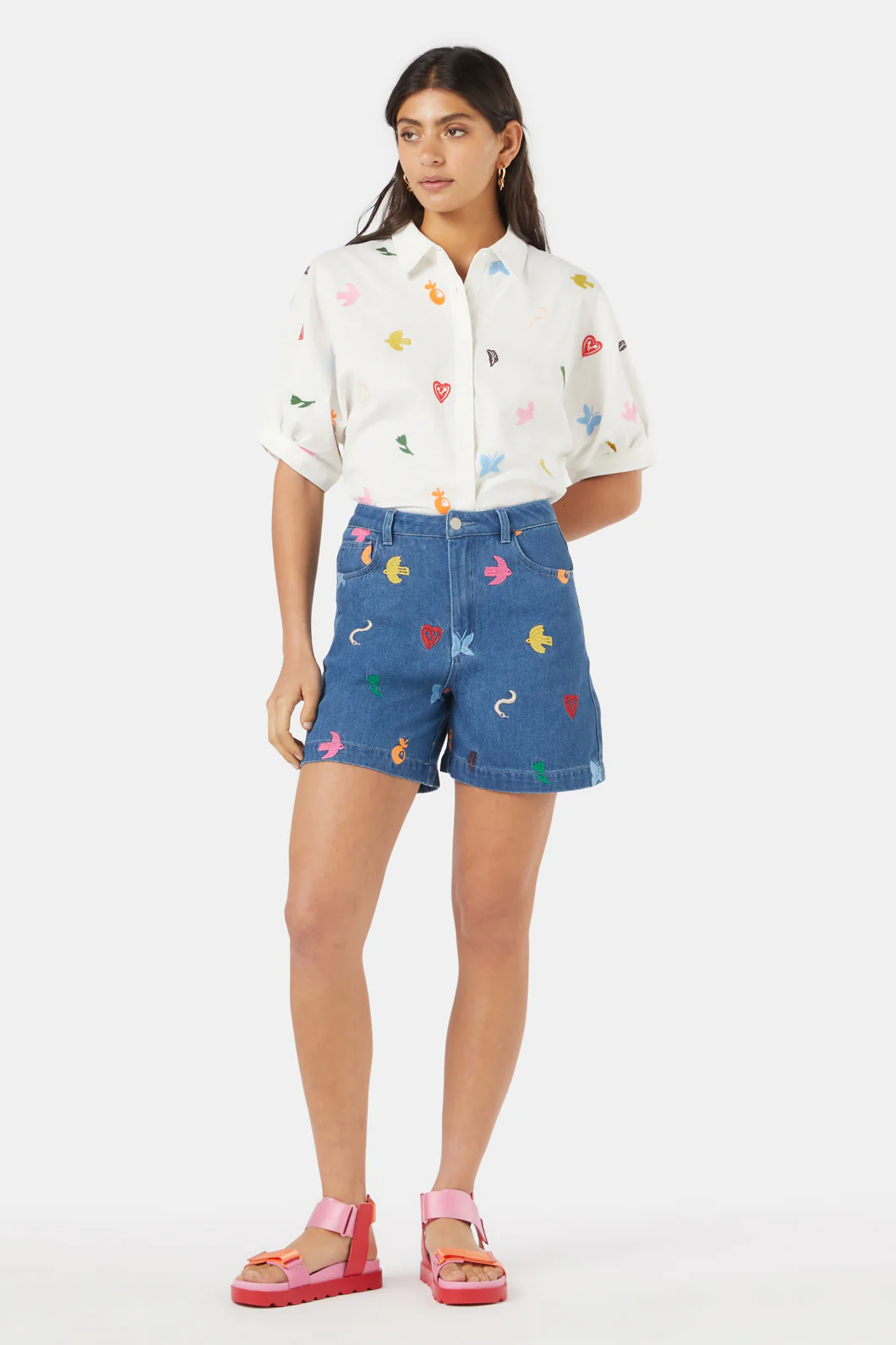 Birds And Flowers Embroidered Short