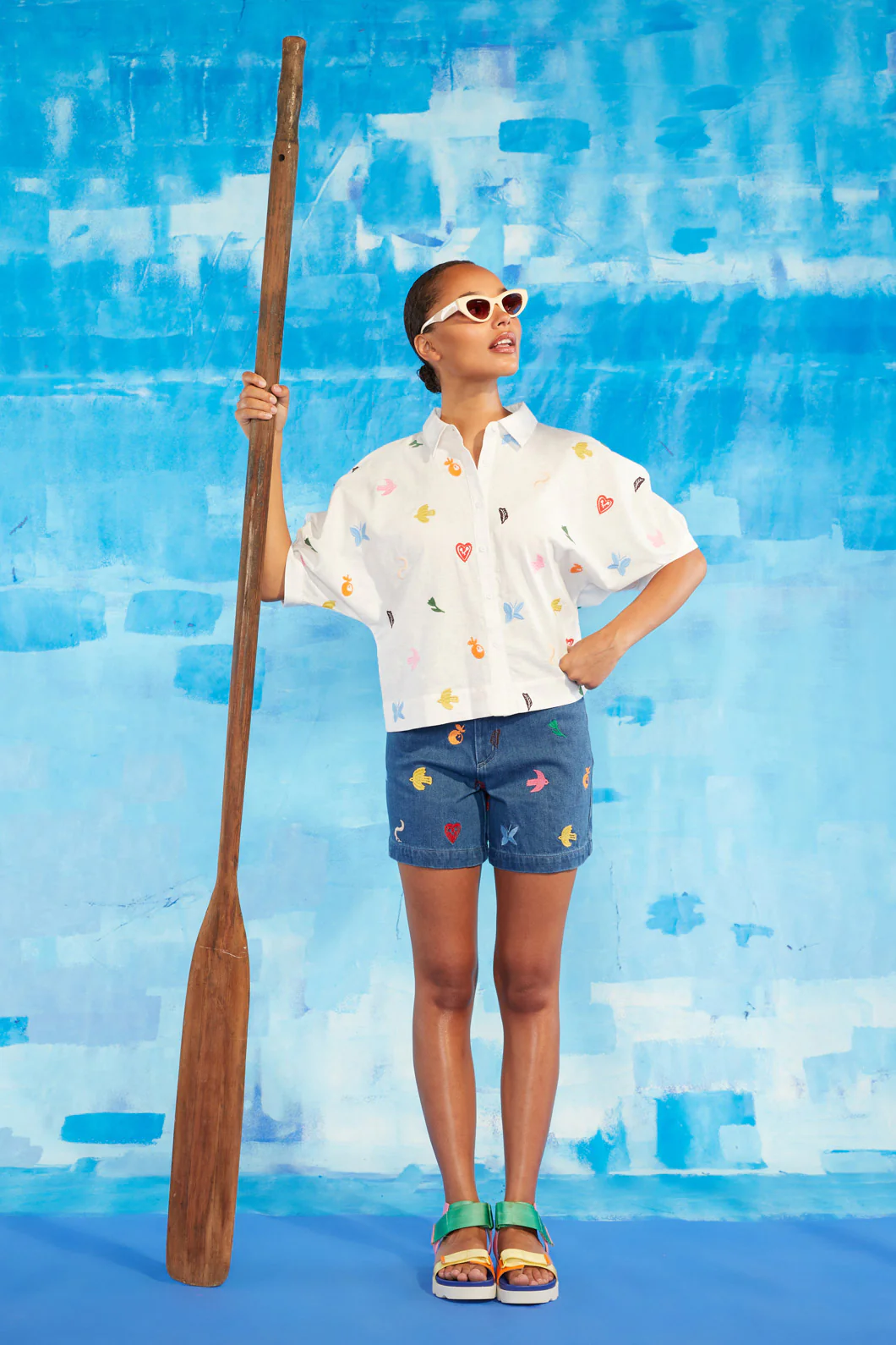 Birds And Flowers Embroidered Short