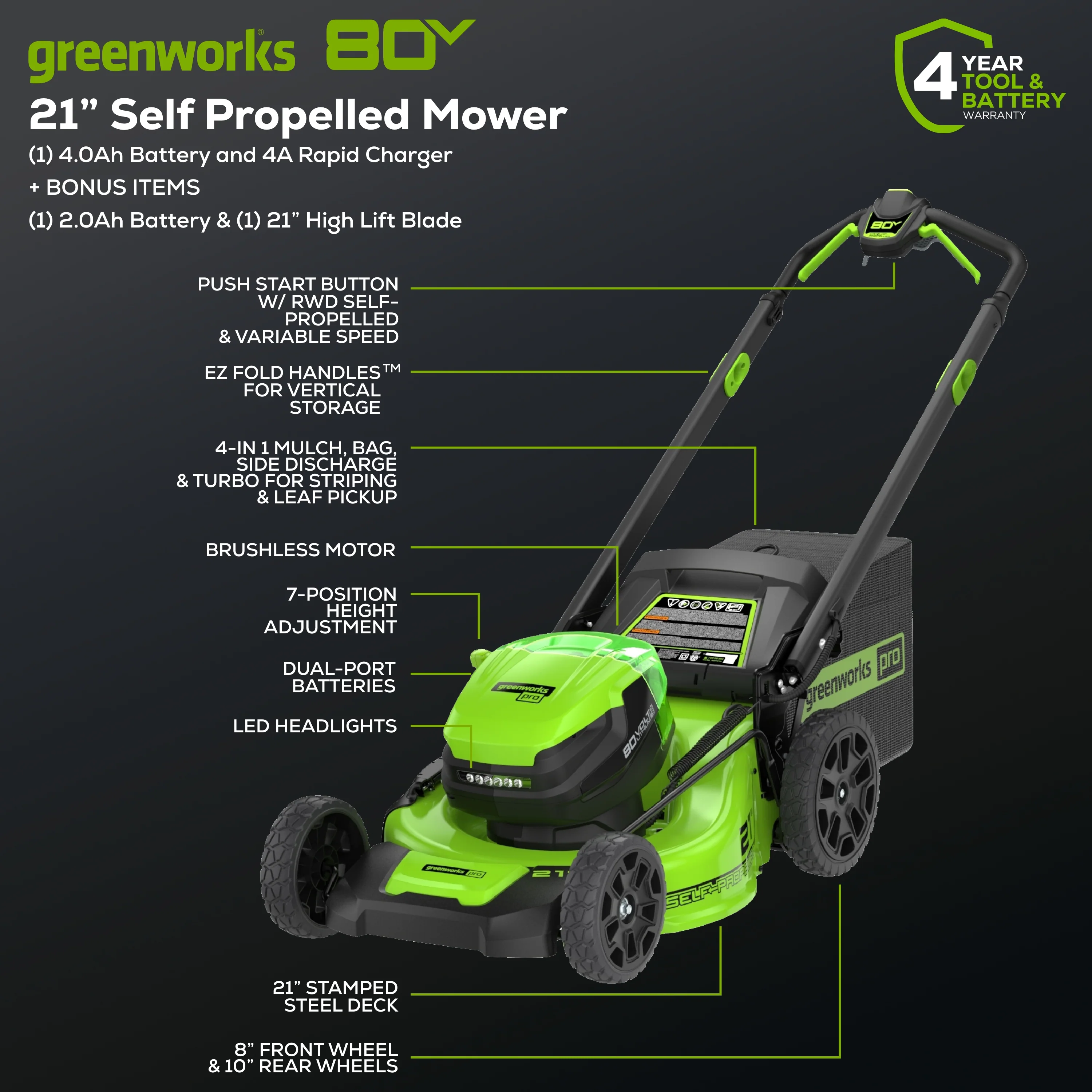 80V 21 Cordless Battery 4-in-1 Self-Propelled Lawn Mower w/ 4.0Ah, 2.0Ah Battery & Rapid Charger