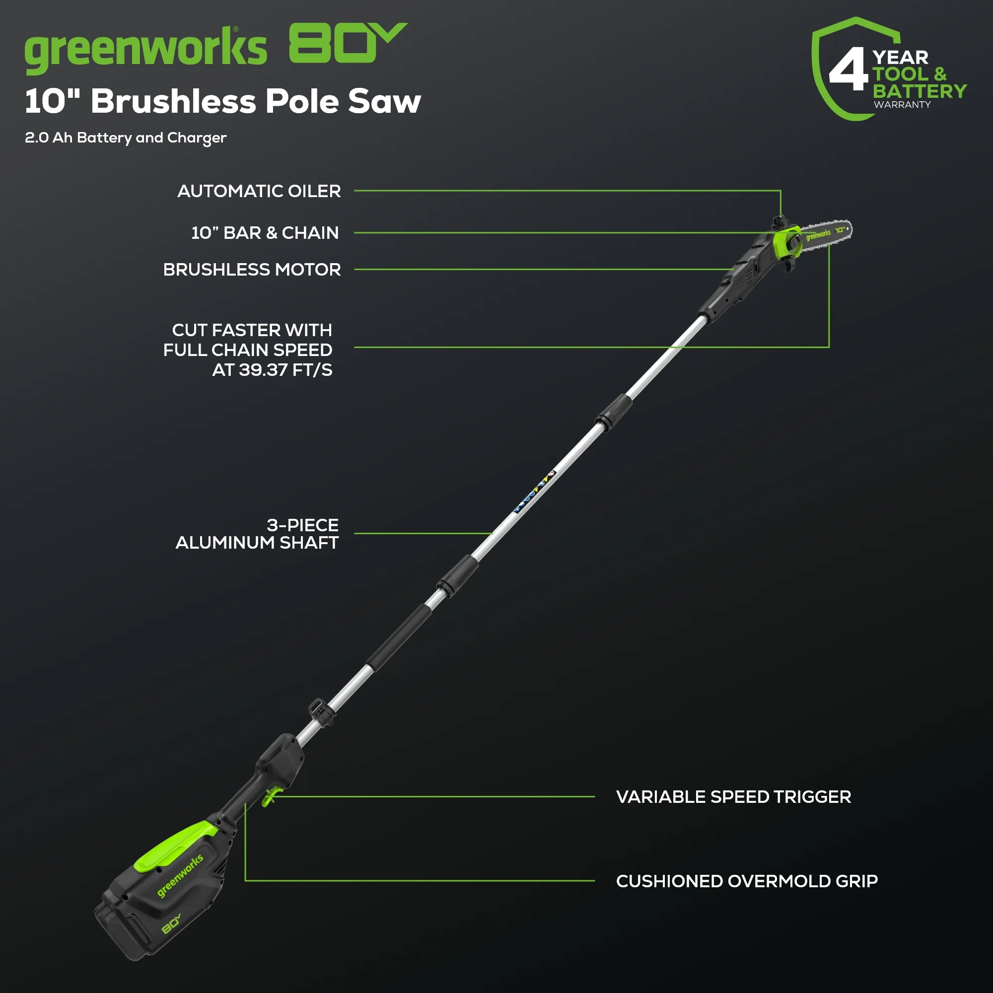 80V Pro 10 Cordless Battery Pole Saw w/ 2.0Ah Battery & Charger