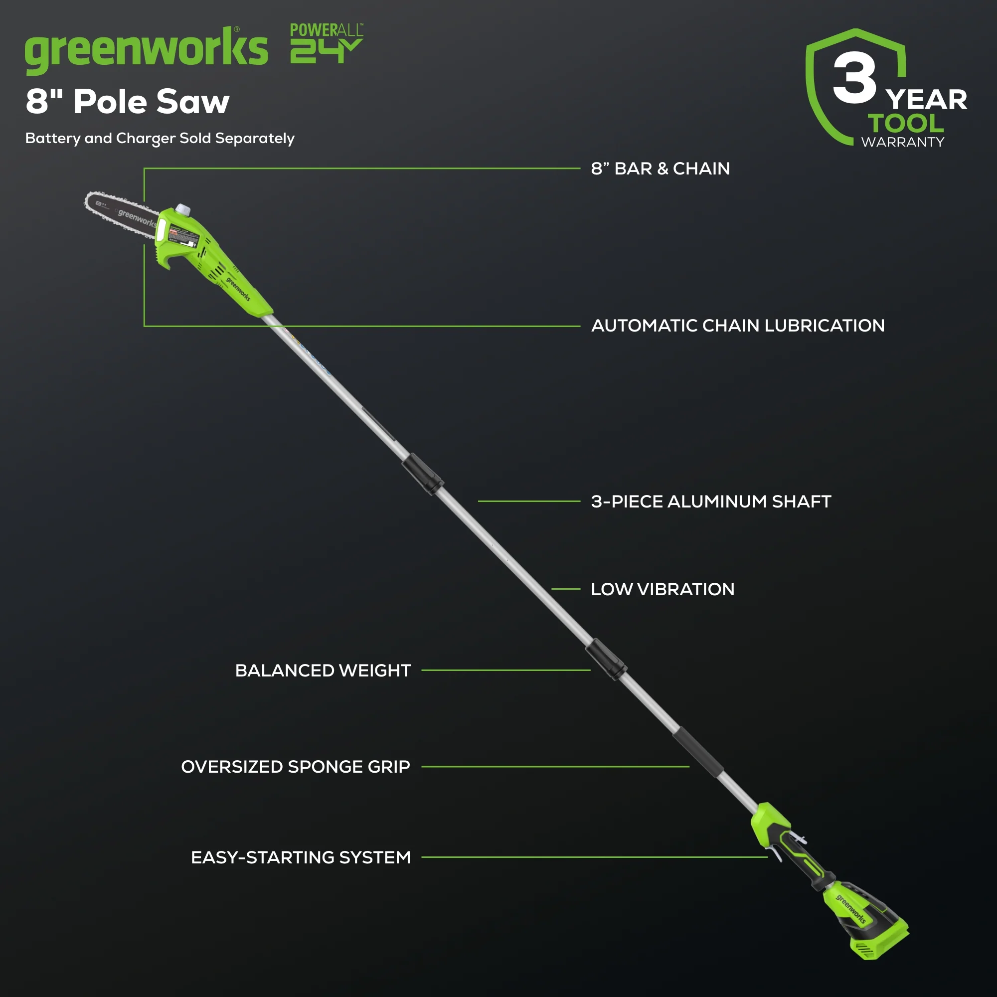 24V 8 Cordless Battery Pole Saw (Tool Only)