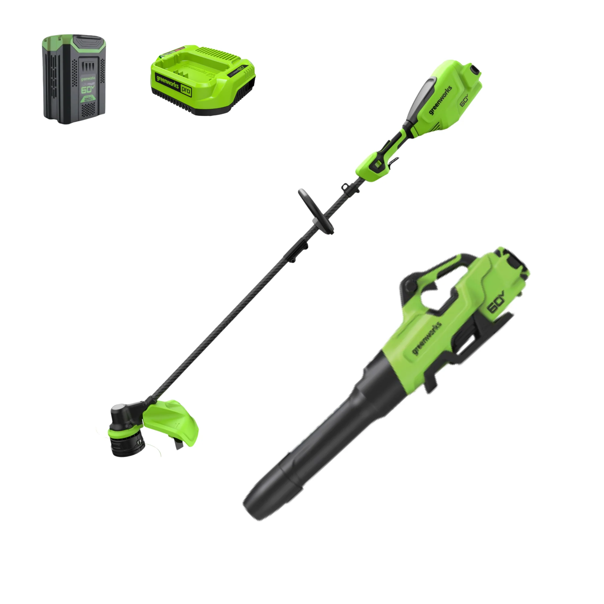 60V 16 Cordless Battery String Trimmer + 750CFM Blower w/2.5Ah Battery and 3A Charger