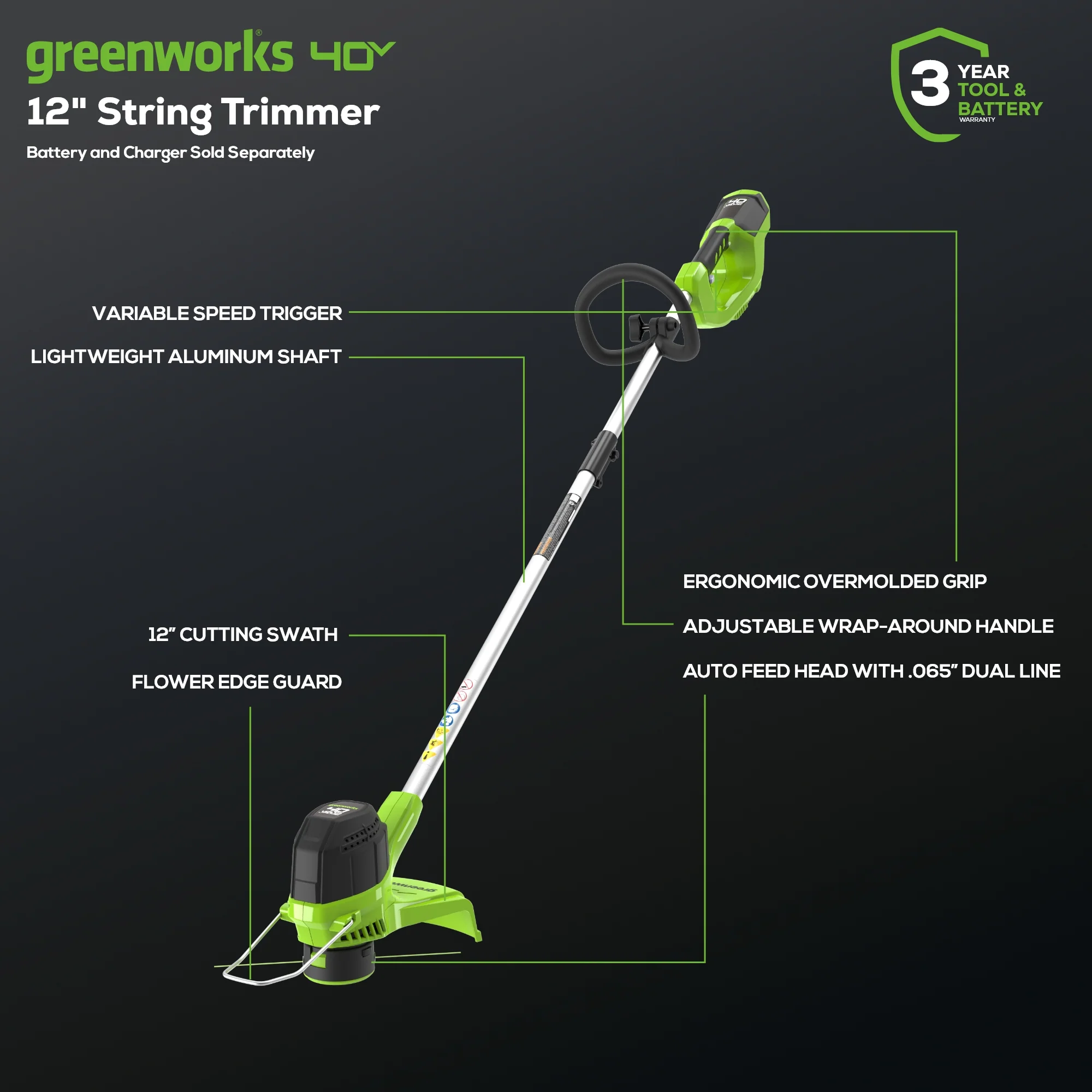 40V 12 Cordless Battery String Trimmer (Tool Only)