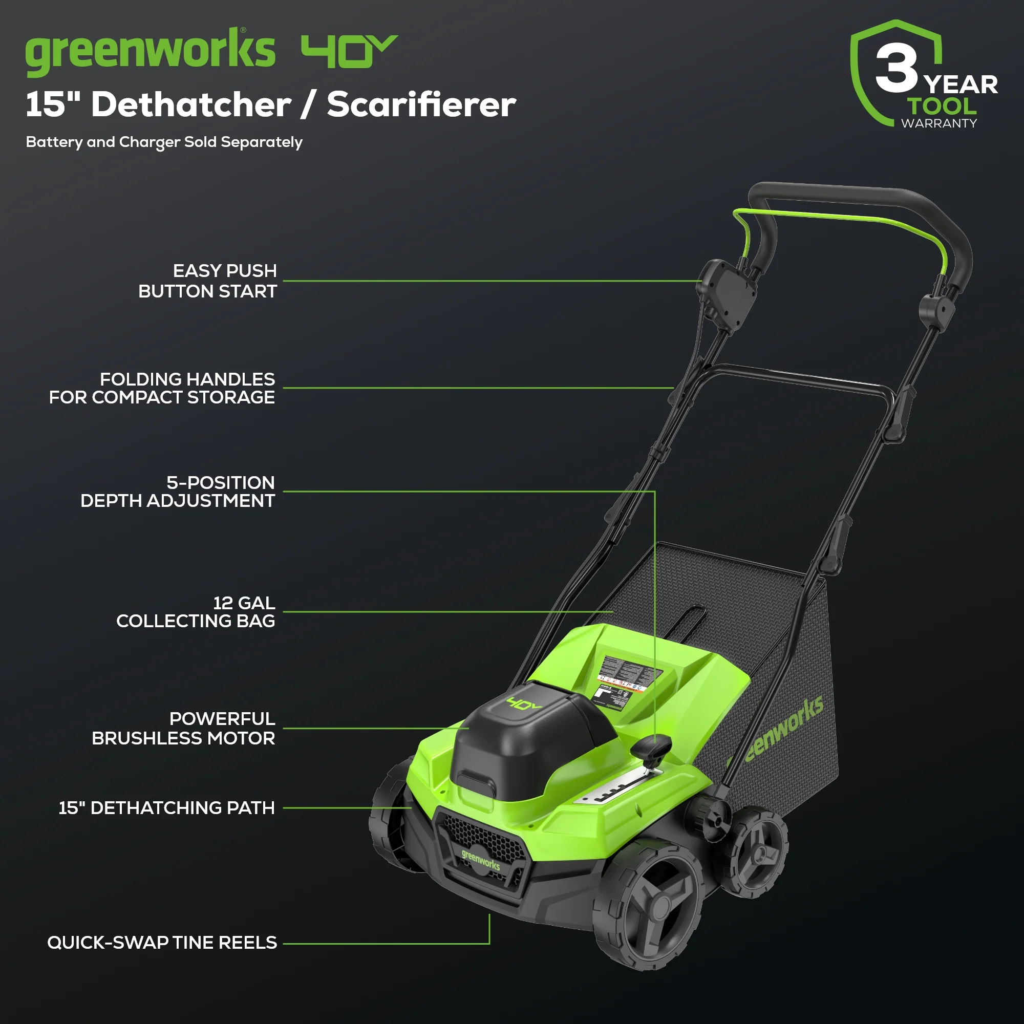 40V 15 Cordless Battery Dethatcher/Scarifier (Tool Only)
