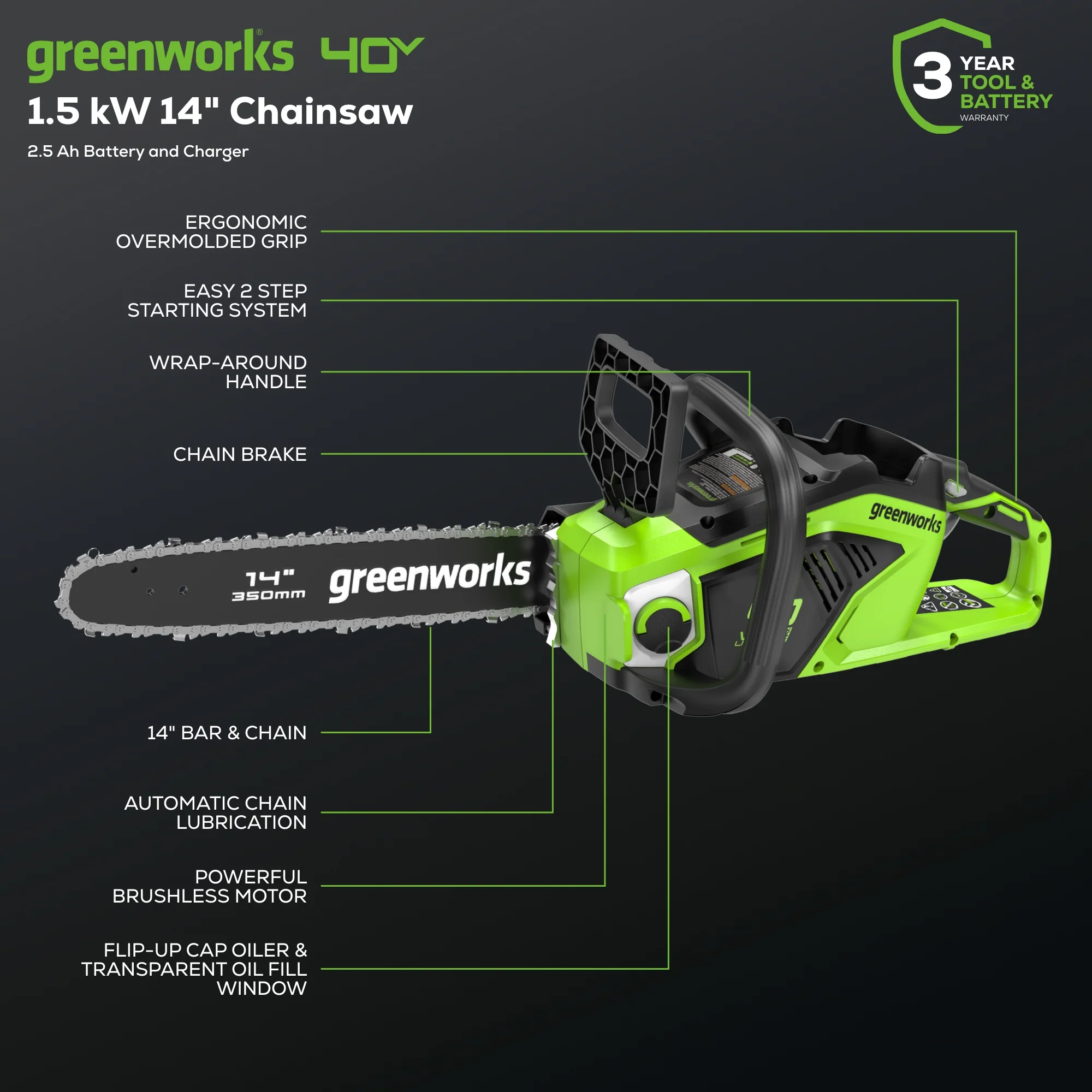 40V 14 Cordless Battery 1.5kW Brushless Chainsaw w/ 2.5Ah USB Battery & Charger