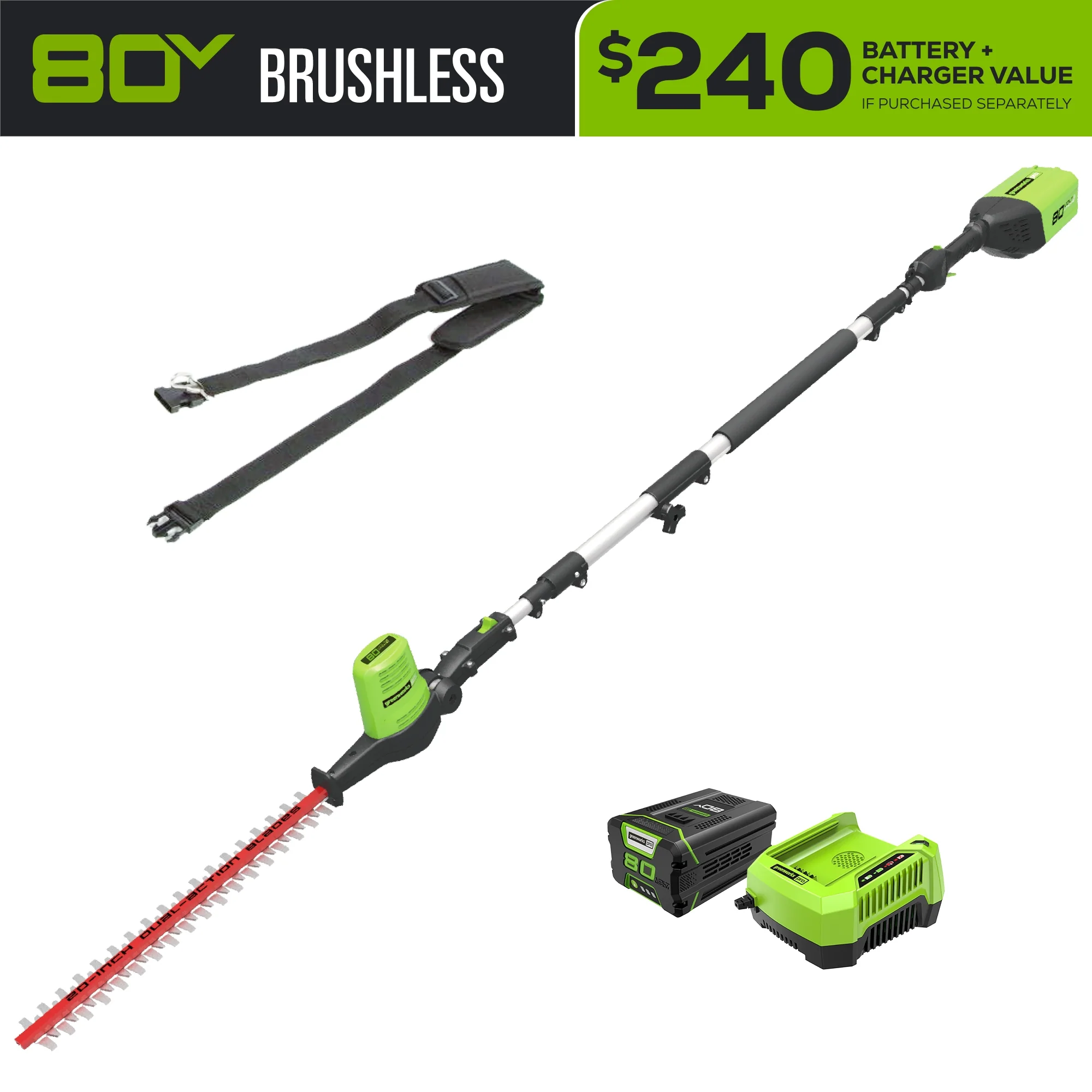 80V 20 Cordless Battery Pole Hedge Trimmer (3/4 cut, 3000 SPM) w/ 2.0Ah Battery & Charger
