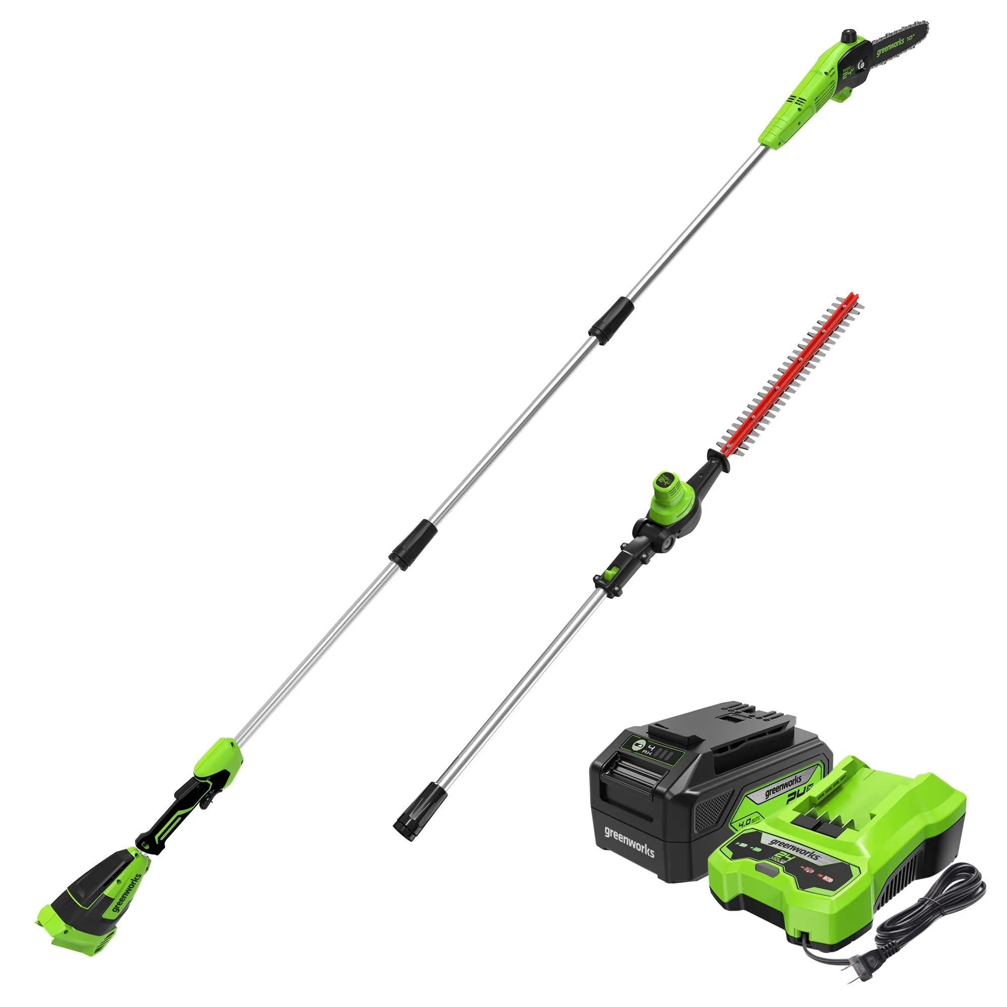 24V 10 Cordless Battery Polesaw & Pole Hedge Trimmer Combo Kit w/ 4Ah USB Battery and Charger
