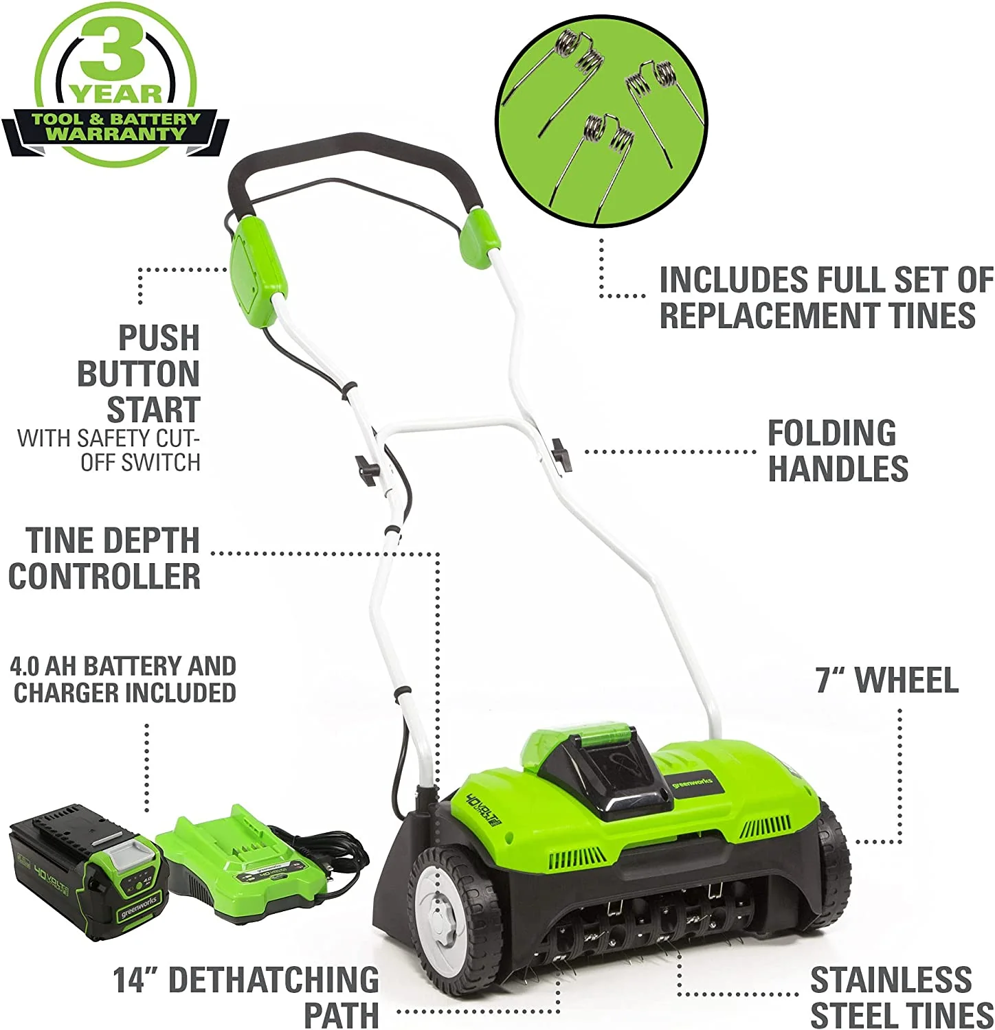 40V 14 Cordless Dethatcher w/ 4.0Ah Battery & Charger