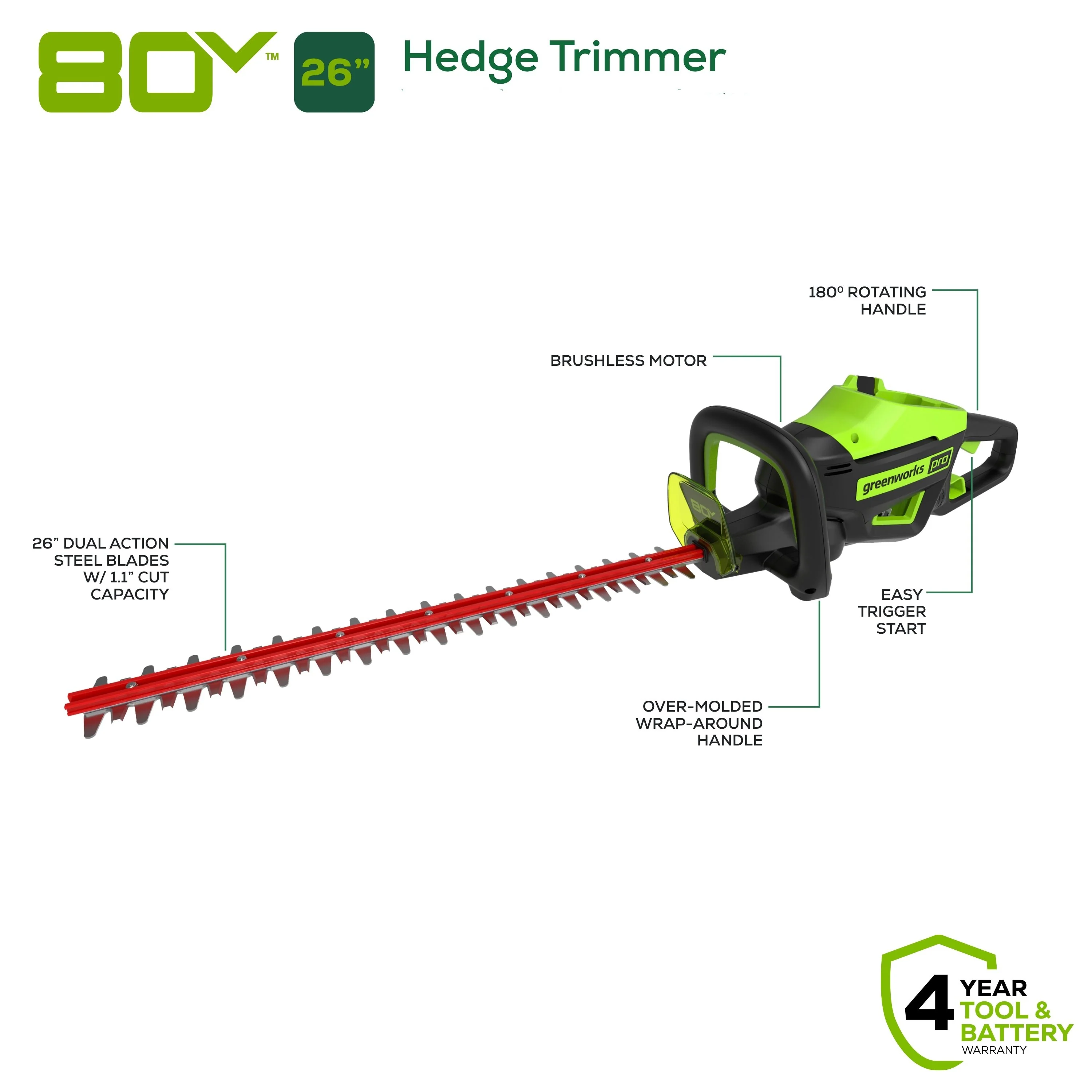 80V 26 Cordless Battery Hedge Trimmer(1.1 cut, 3200 SPM) w/ 2.0Ah Battery & Charger