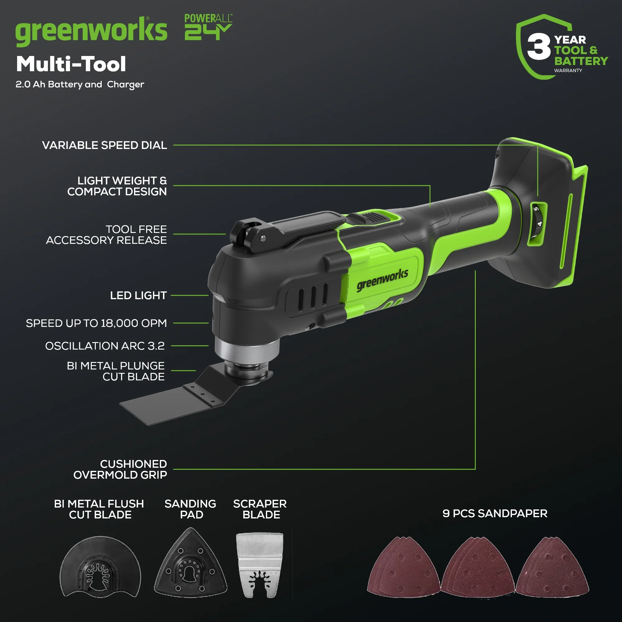 24V Cordless Battery Multi-Tool w/ 2.0Ah Battery & Charger