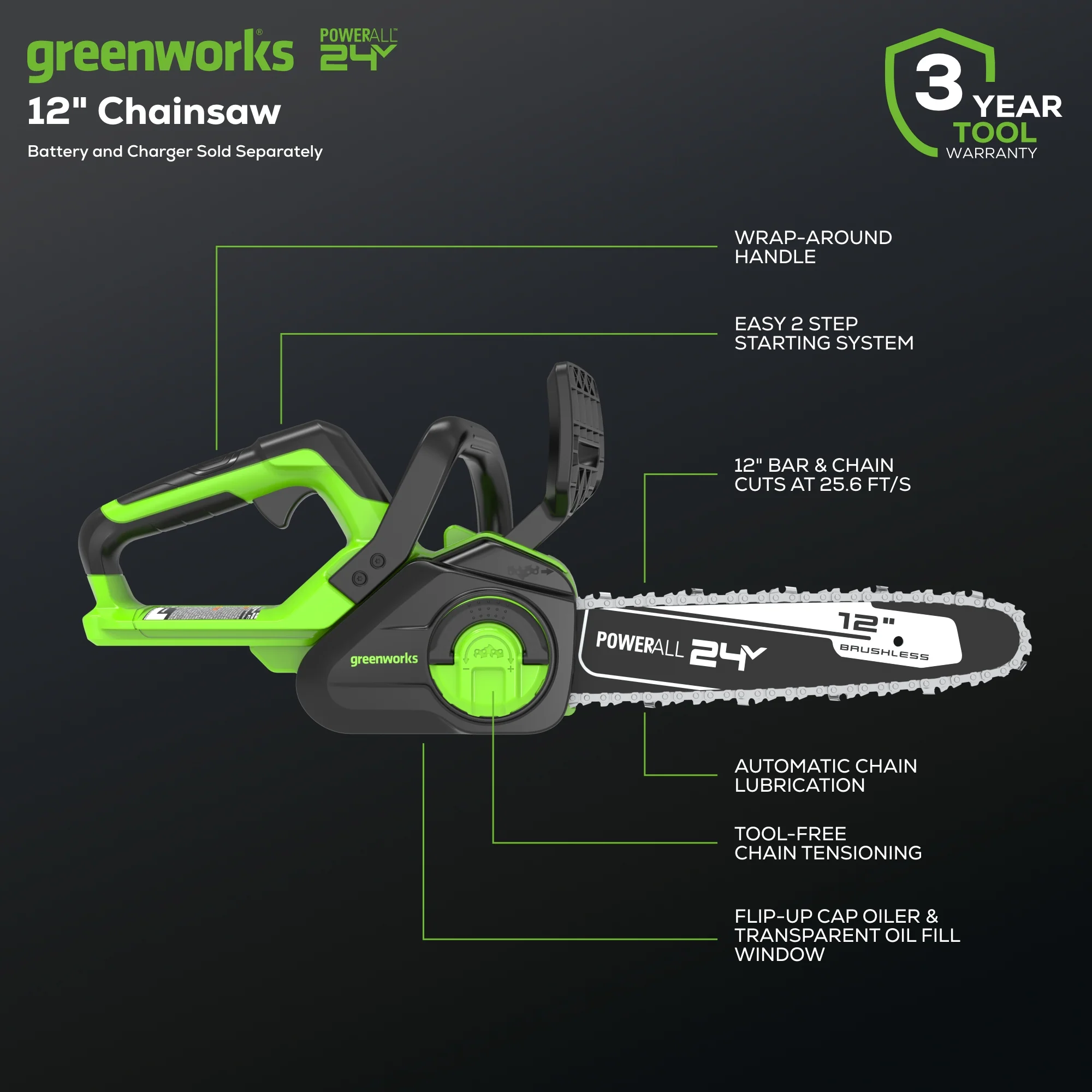 24V 12 Cordless Battery Chainsaw (Tool Only)