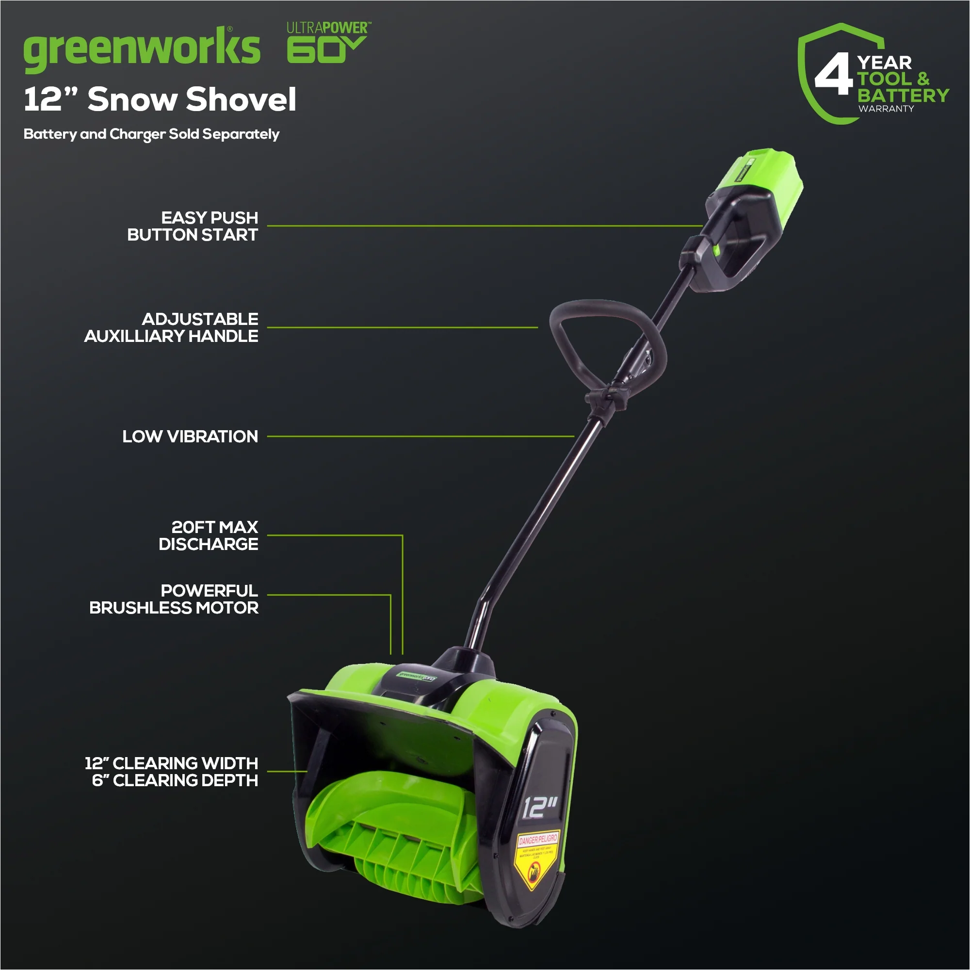 60V 12 Cordless Battery Snow Shovel (Tool Only)