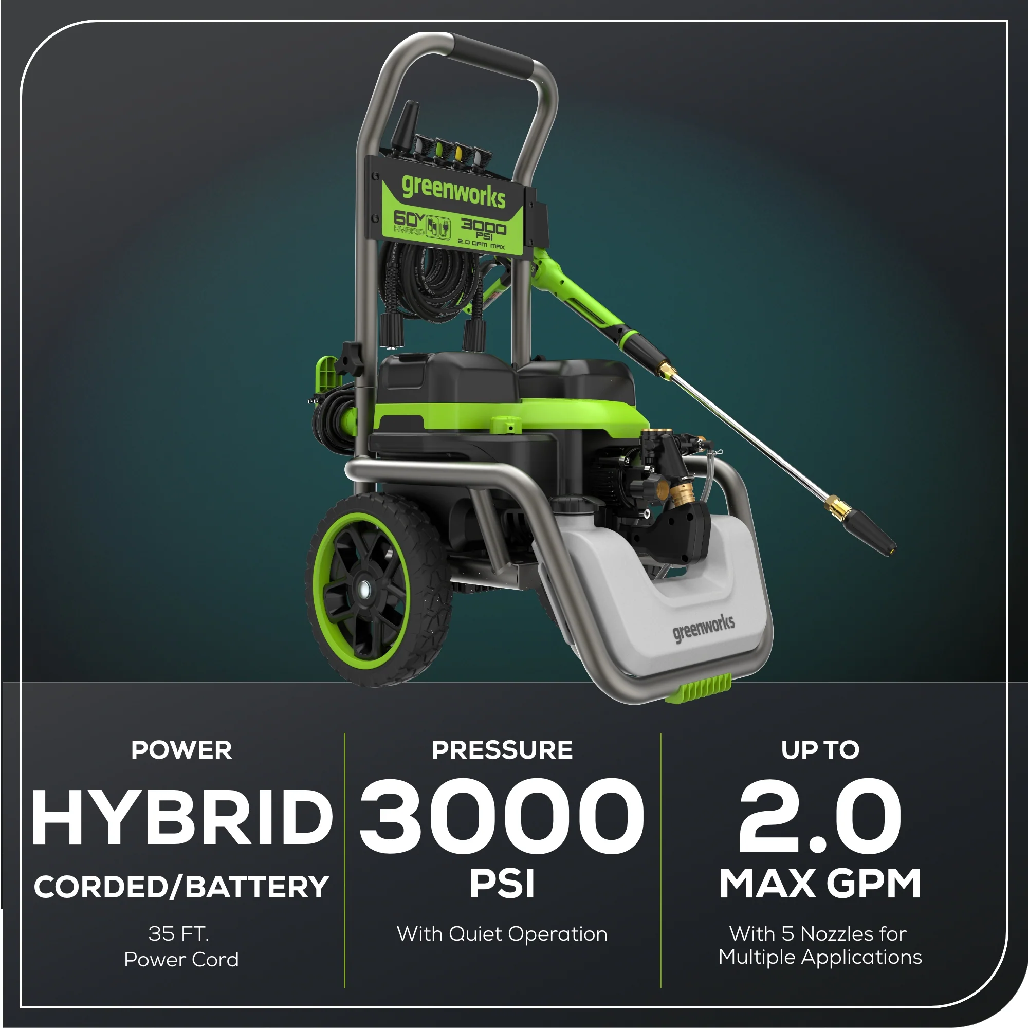 Corded/60V 3000-PSI 2.0 GPM Electric Pressure Washer w/ (2) 5.0Ah Batteries & Dual-Port Charger