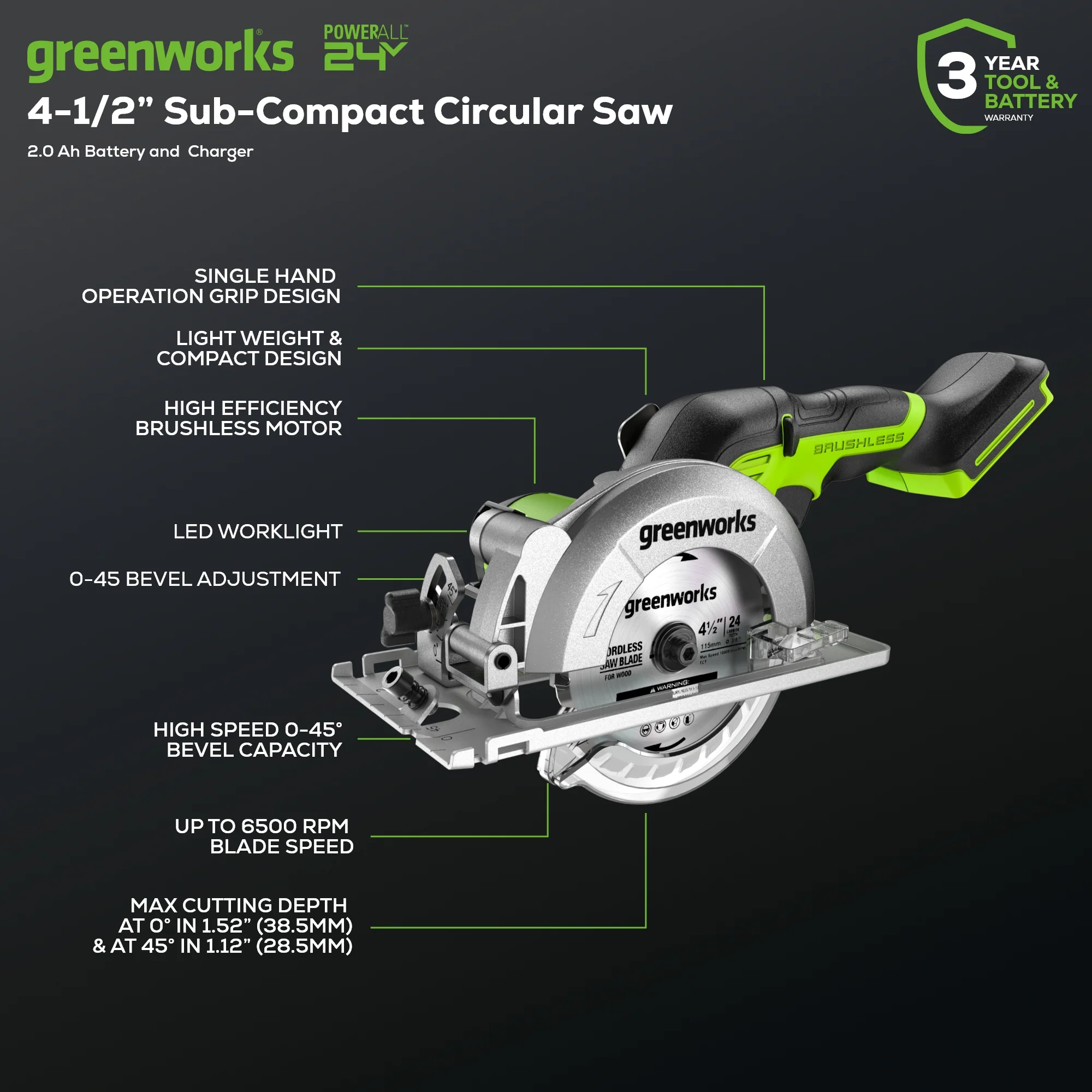 24V 4.5 Cordless Battery Mini Circular Saw (Tool Only)