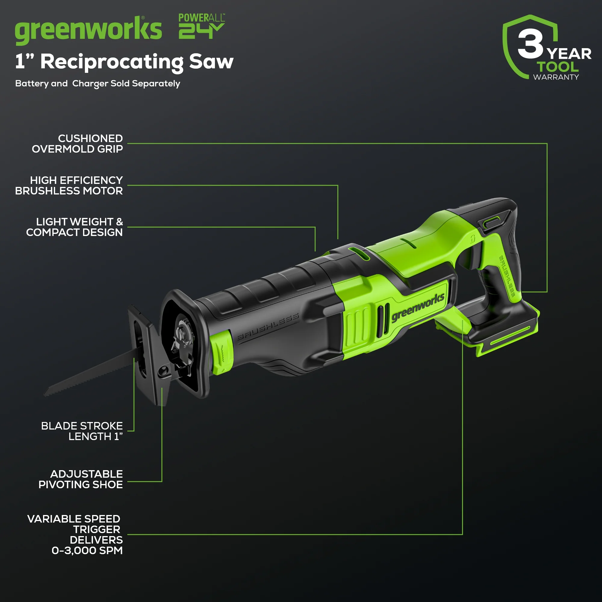 24V 1-1/8 Reciprocating Saw (Tool Only)