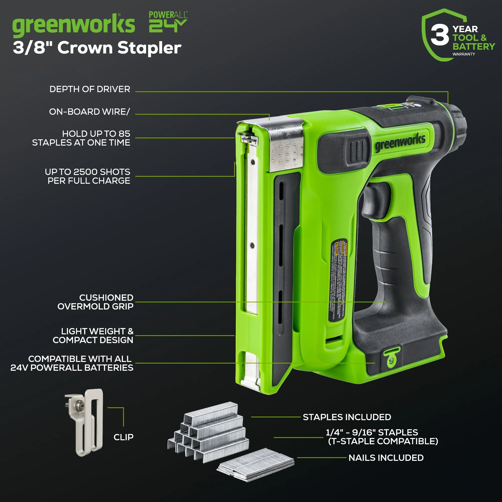 24V 3/8 Crown Stapler Narrow Nail Stapler (Tool Only)