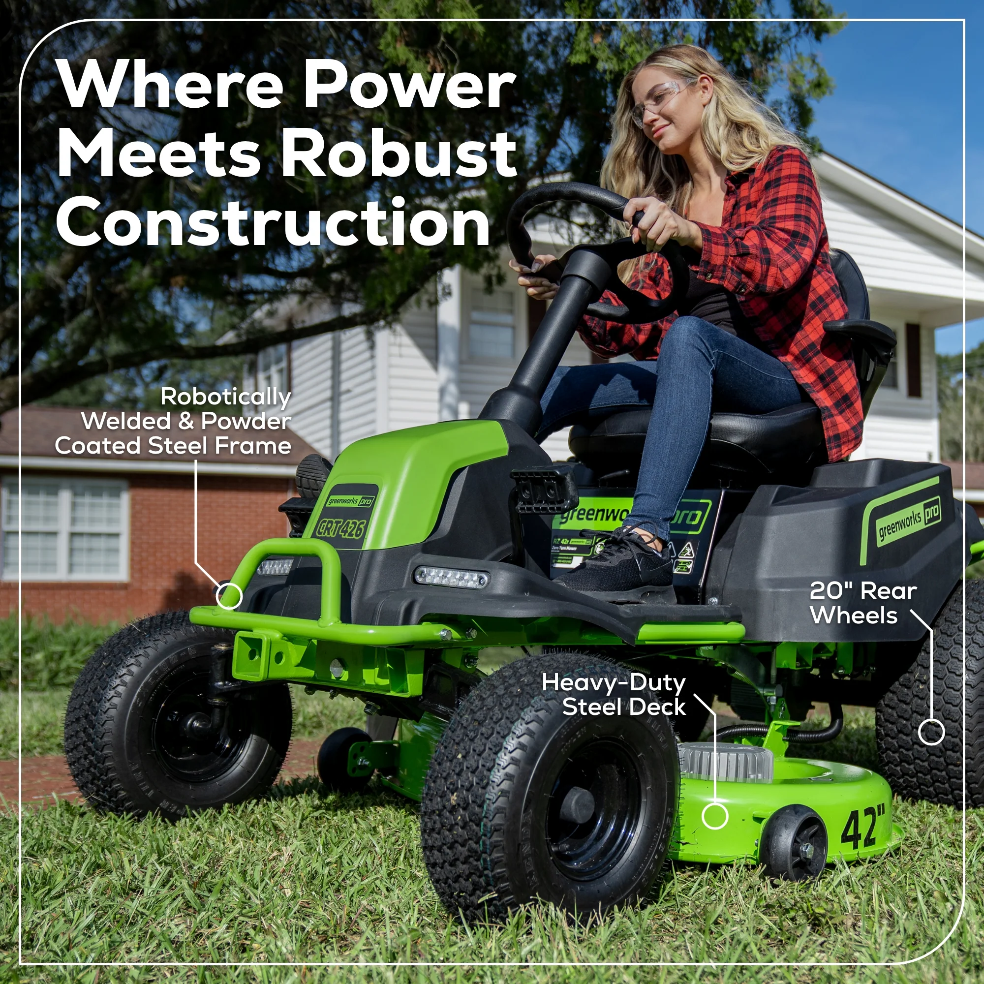 60V 42 Cordless Battery CrossoverT Riding Lawn Mower w/ Six (6) 8.0Ah Batteries and Three (3) Dual Port Turbo Chargers