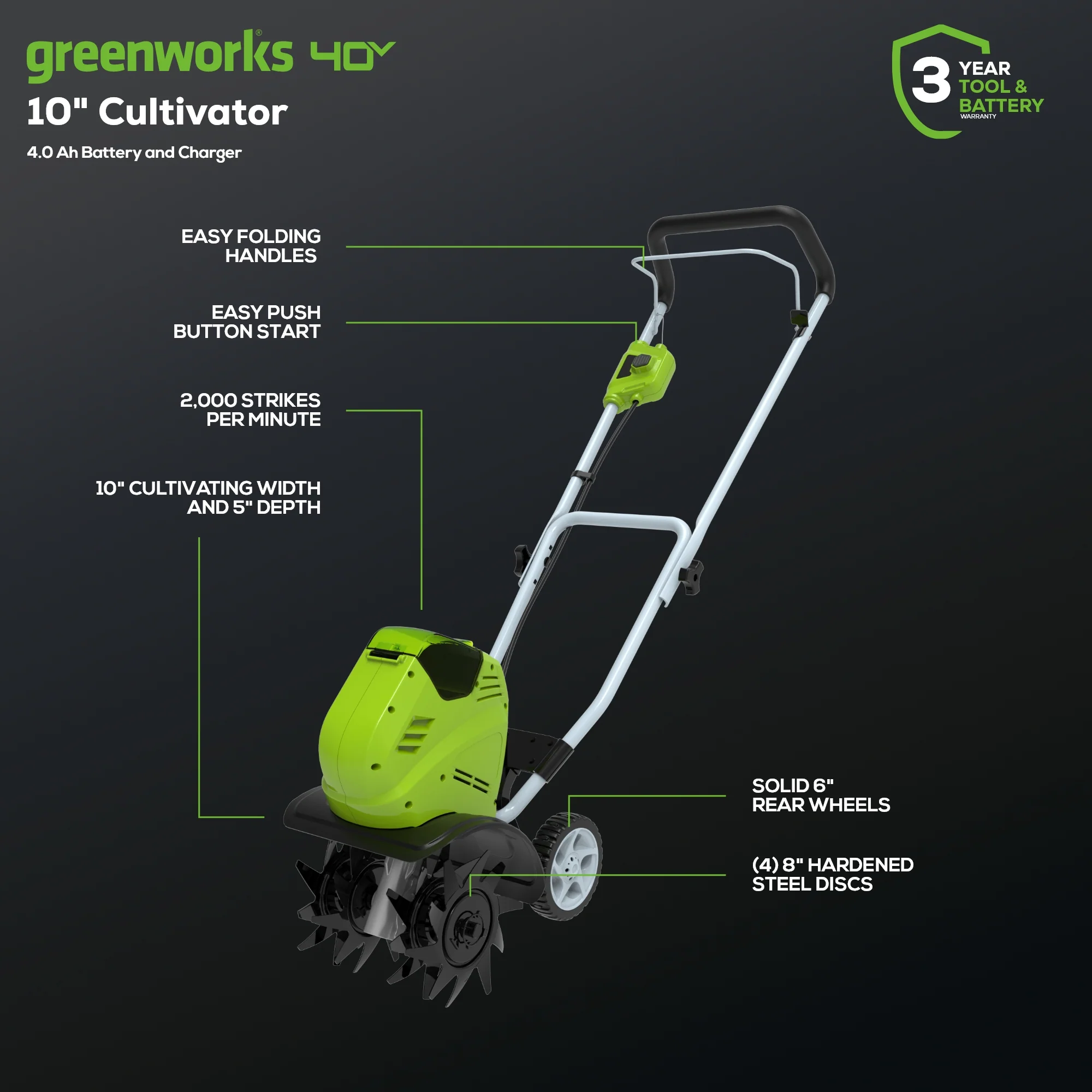 40V 10 Cordless Cultivator / Tiller w/ 4.0 Ah Battery & Charger