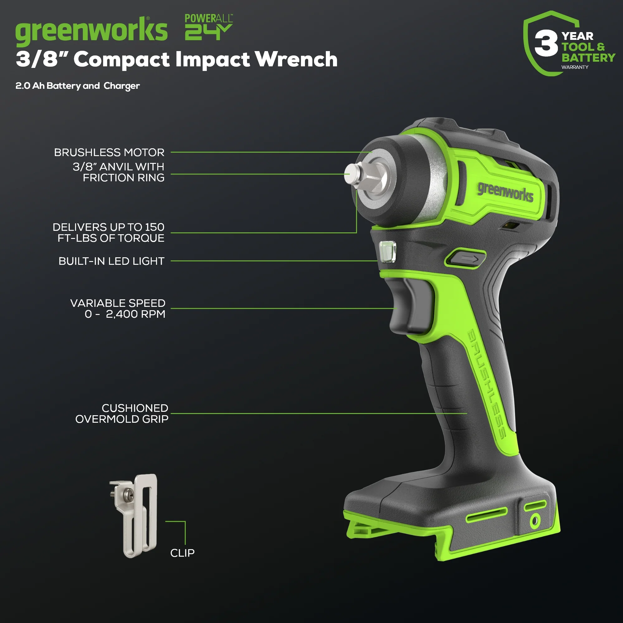 24V 3/8 Cordless Battery Impact Wrench w/ 2.0Ah Battery & Charger