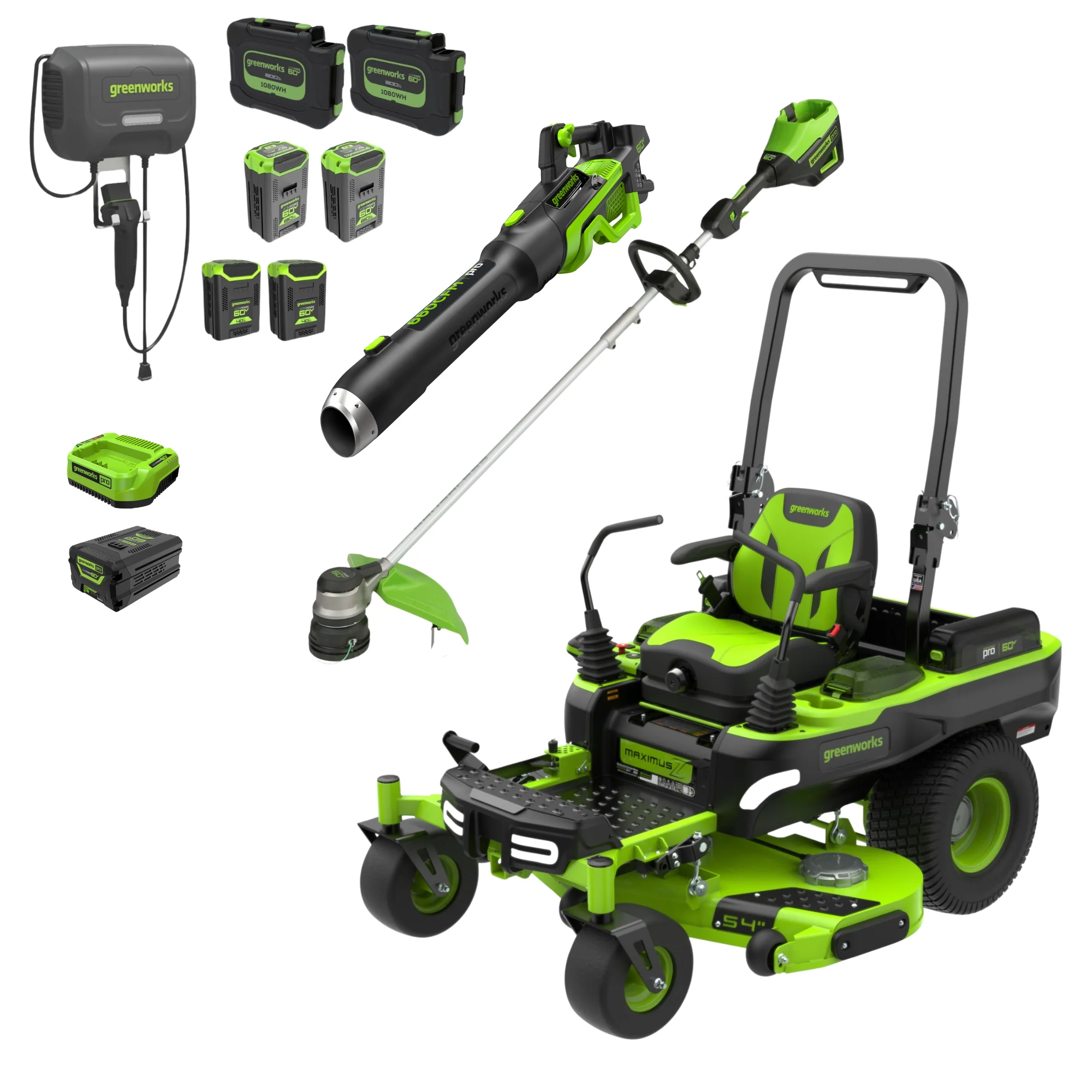 60V 54 MaximusZ Zero Turn Riding Mower 3PC Combo Kit with (2) 20.0 Ah, (2) 8.0 Ah, (2) 4.0 Ah & (1)2.5Ah Batteries and (2) Charger