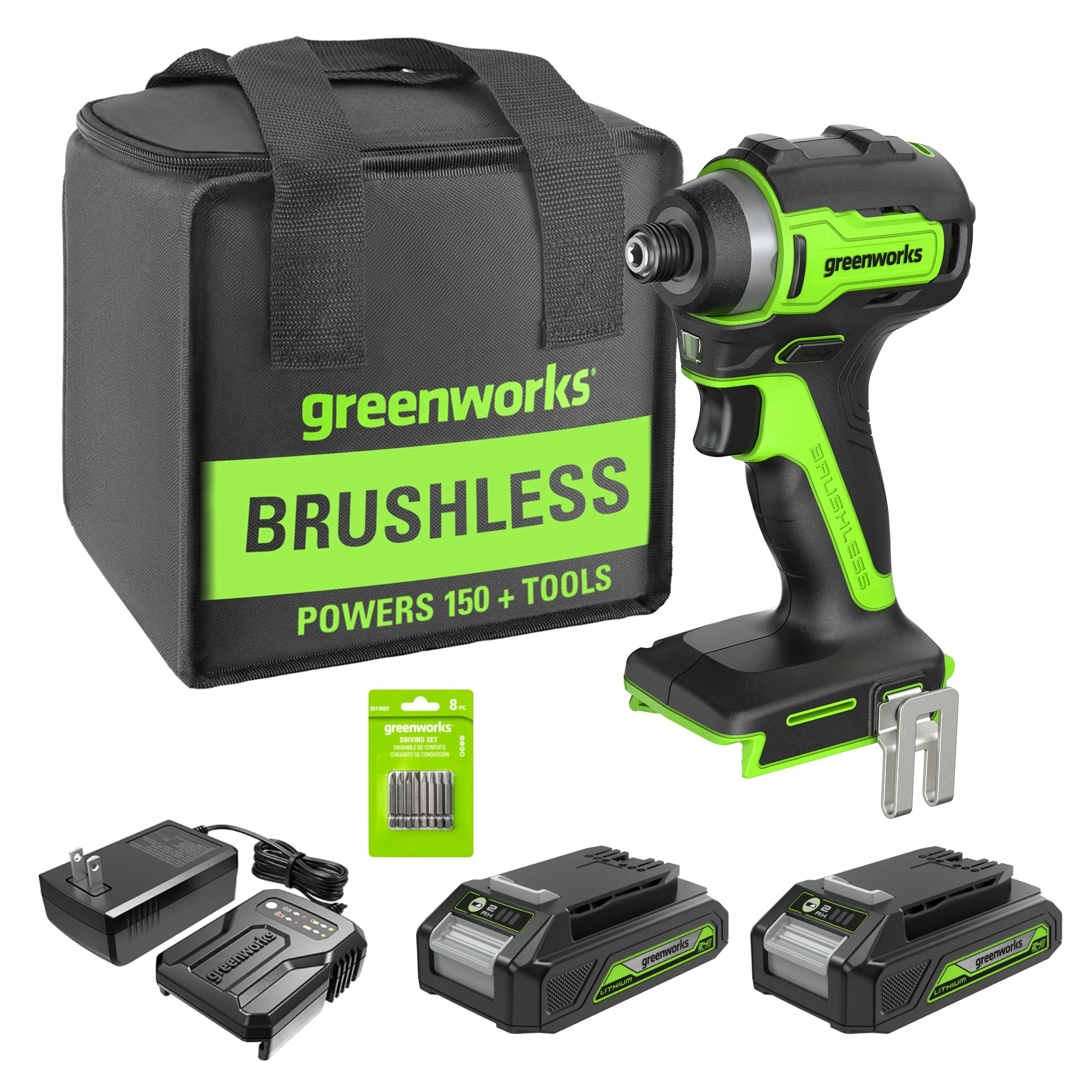 24V 1/4 1950 in/lbs Brushless Impact Driver Kit (8-piece Bit Set and Tool Bag Included) w/ Two (2) 2Ah Batteries and Charger