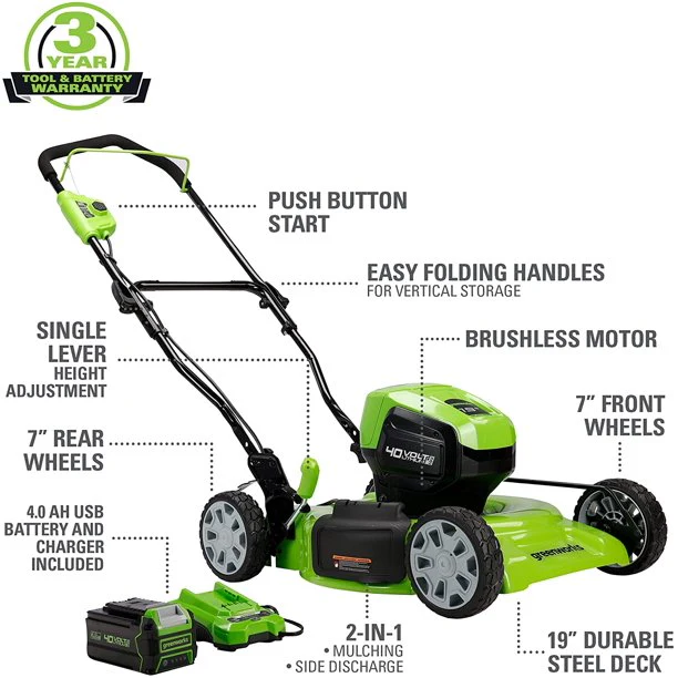 40V 19 Cordless Battery Push Mower w/ 4.0Ah USB Battery & Charger