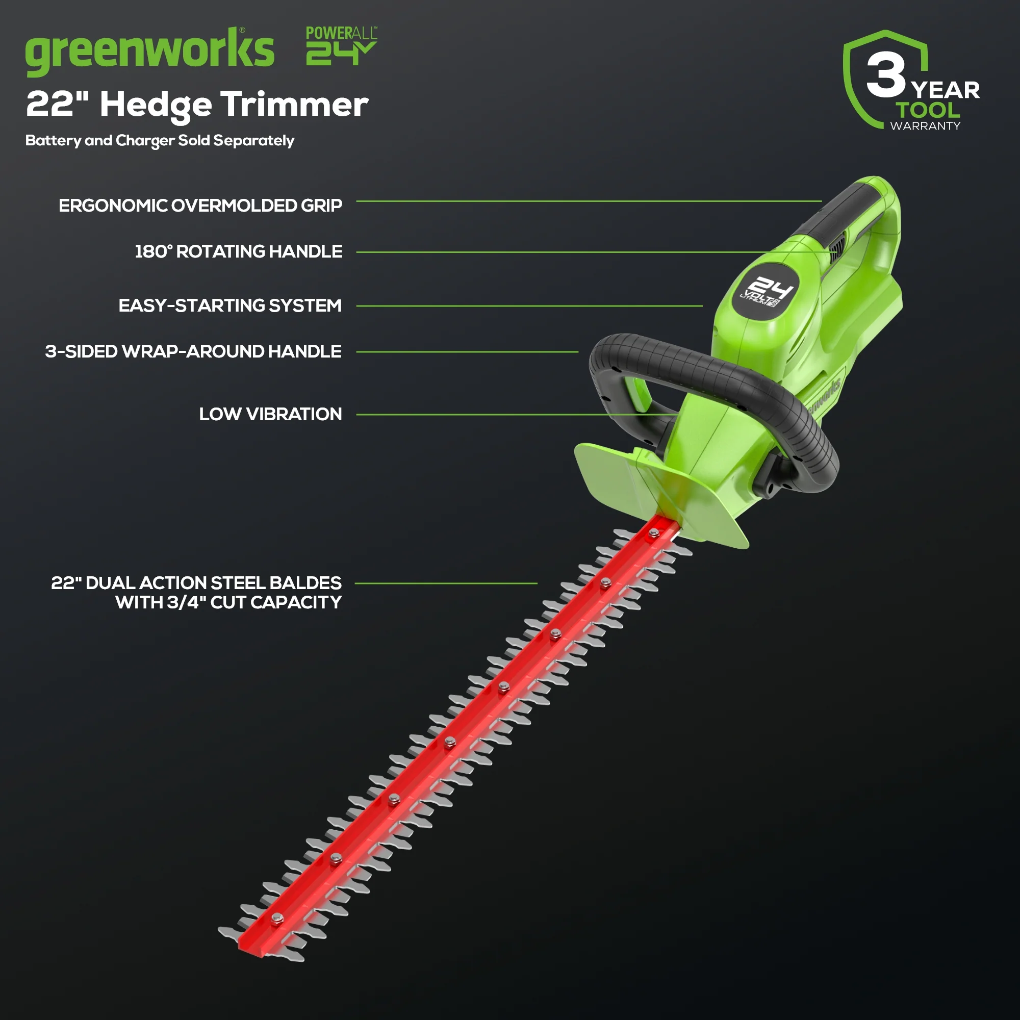 24V 22 Cordless Battery Rotating Handle Hedge Trimmer 3000 SPM (Tool Only)