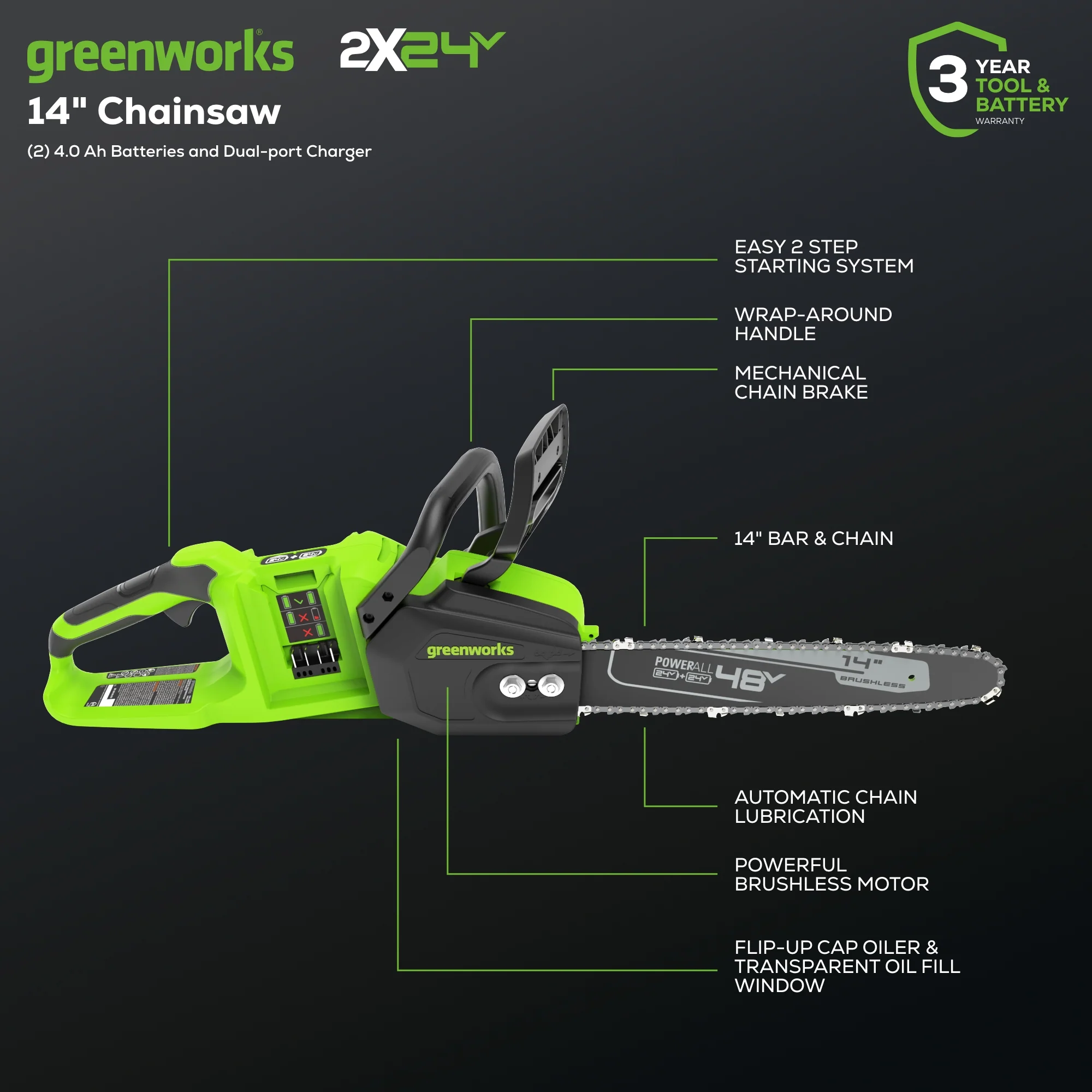48V (2x24V) 14 Cordless Battery Chainsaw w/ Two (2) 4.0 Ah USB Batteries & Dual Port Charger