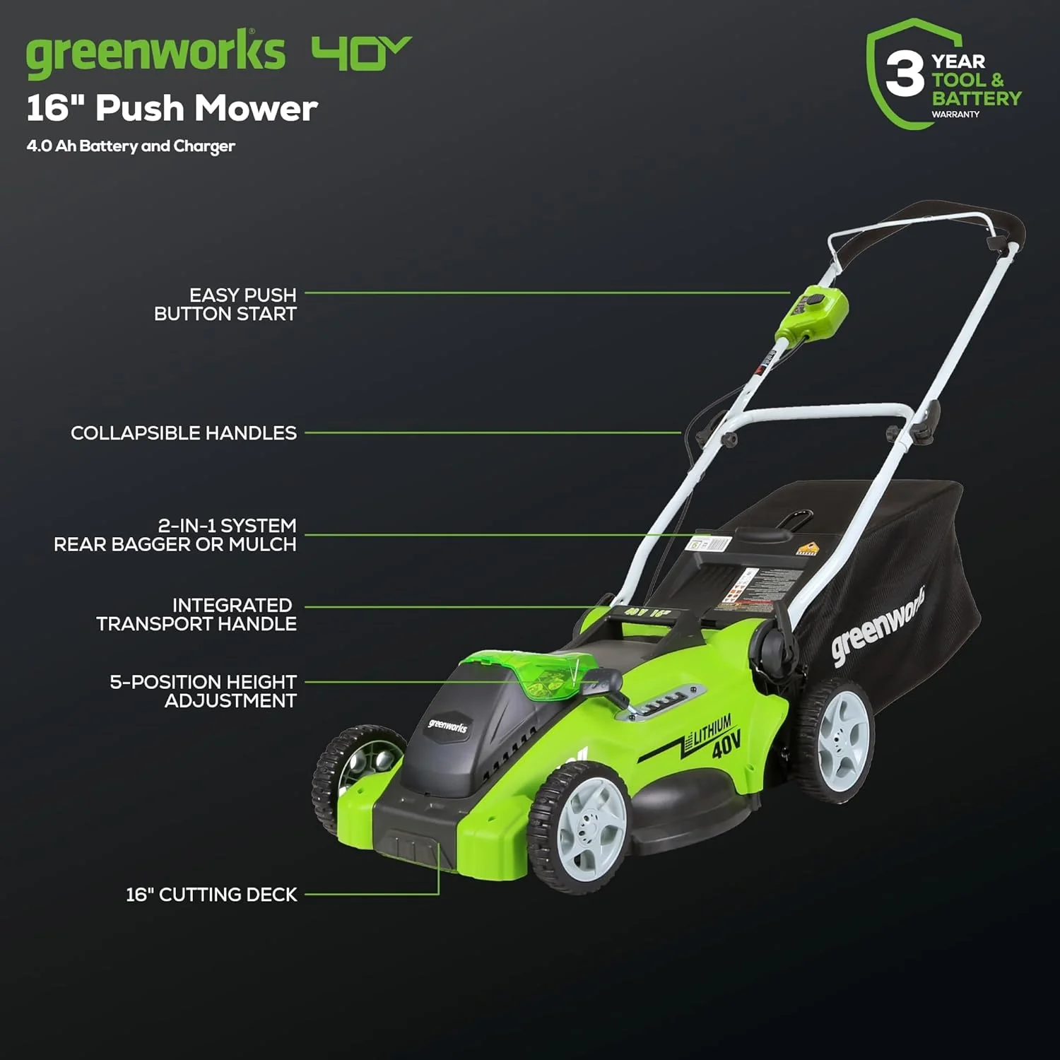 40V 16 Cordless Battery Push Lawn Mower w/ 4.0Ah Battery & Charger