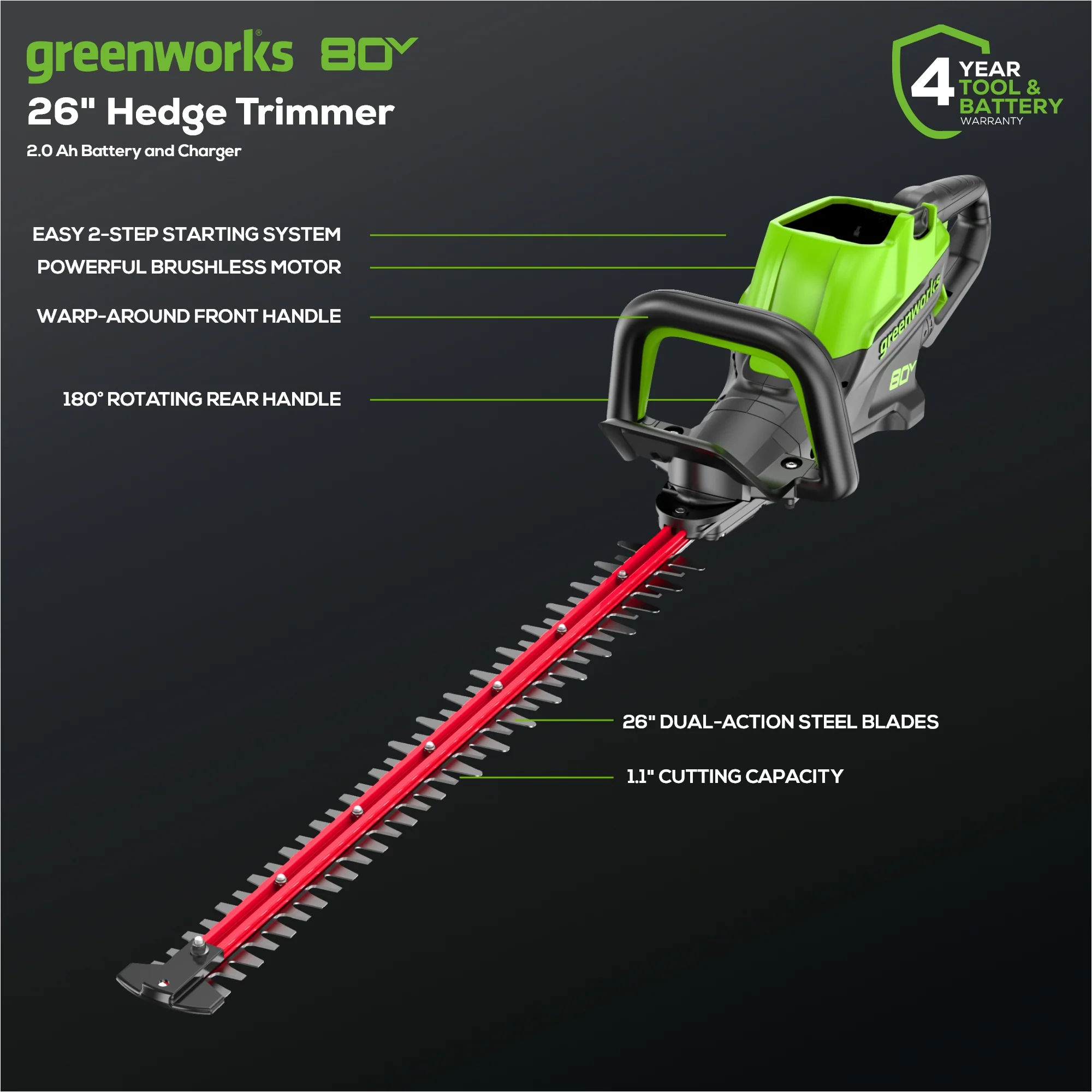80V 26 Cordless Battery Hedge Trimmer (1.1 cut, 4000 SPM) w/ 2.0Ah Battery & Charger