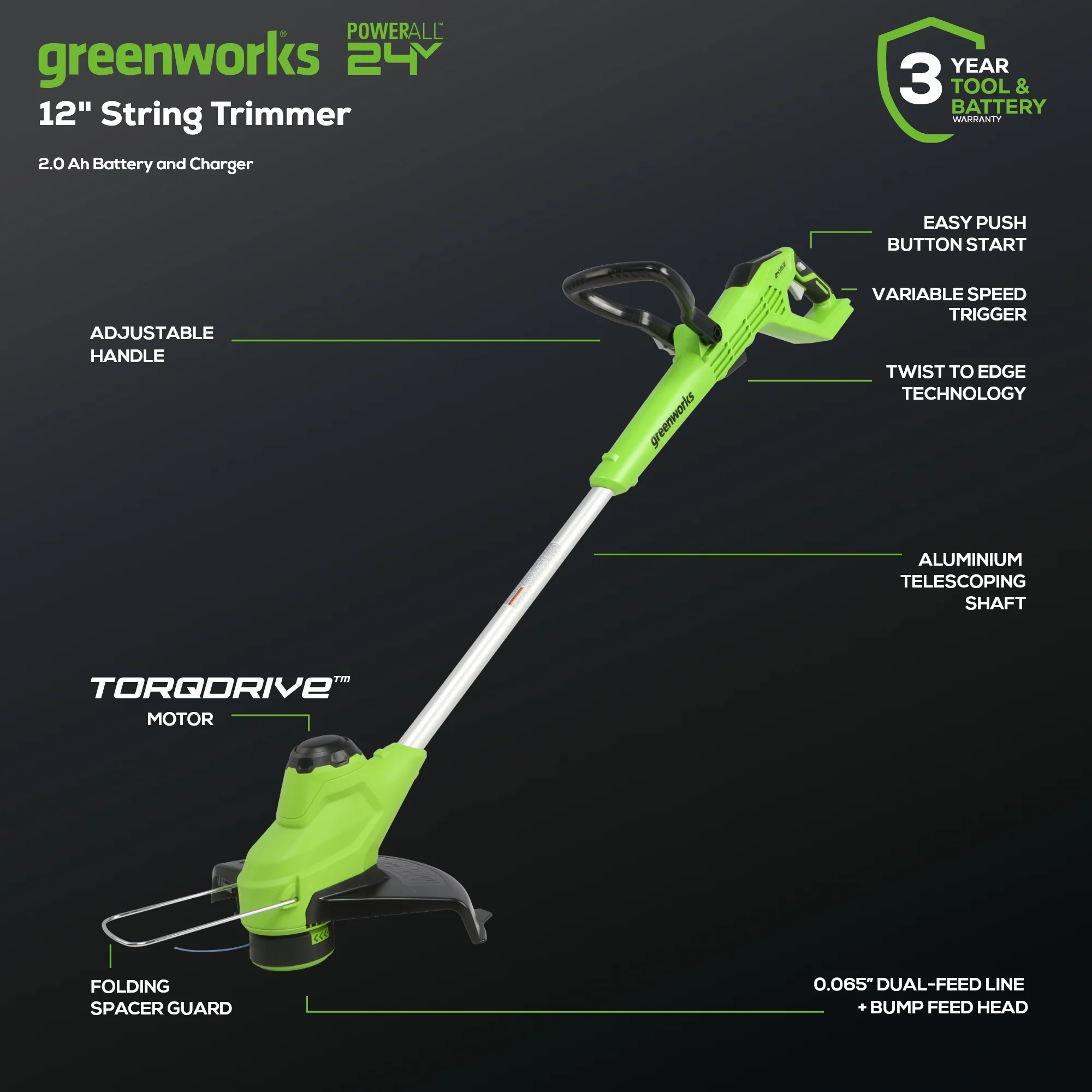 24V 12 Cordless Battery String Trimmer & Edger w/ 2.0 Ah Battery & Charger