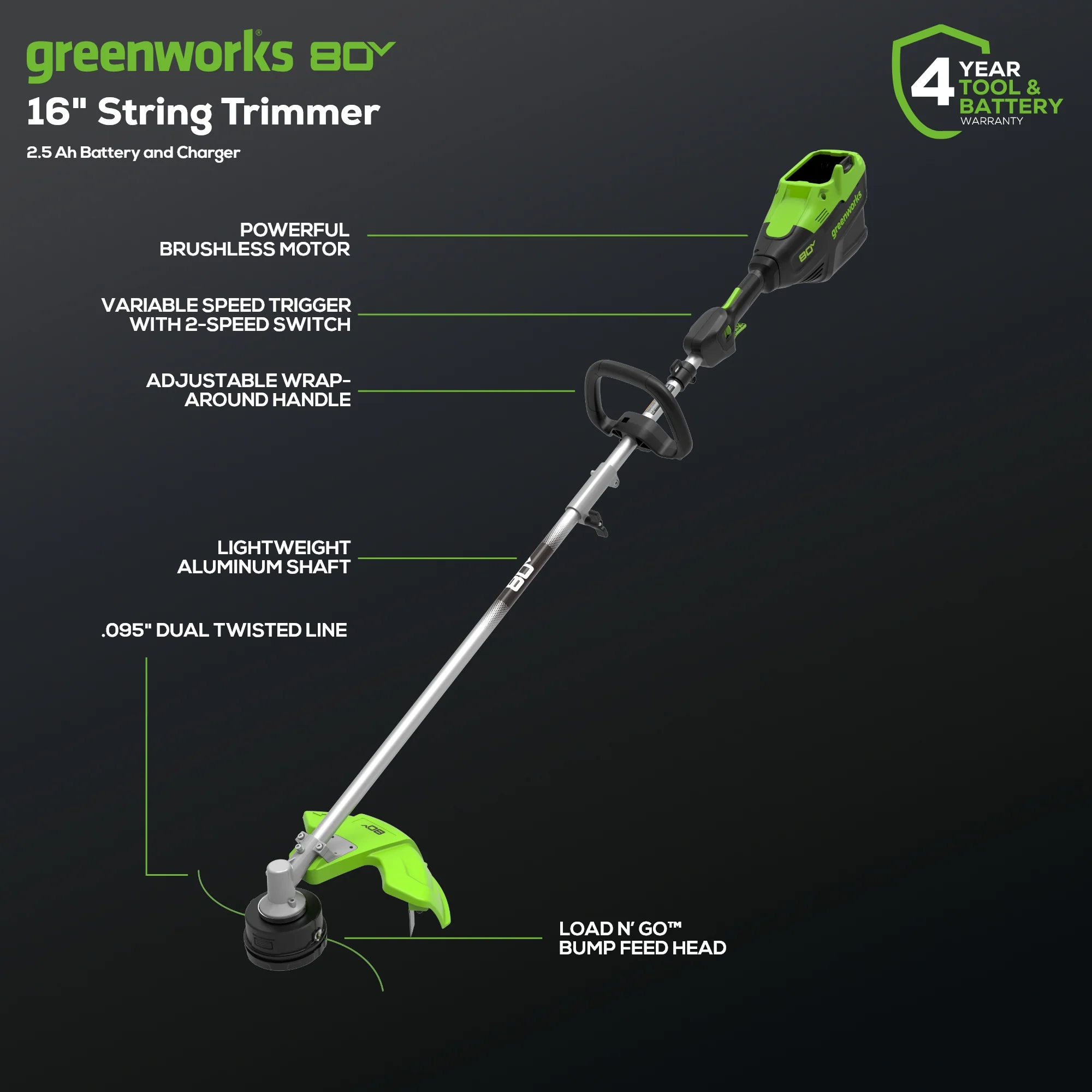 80V 16 Gen3 Cordless Brushless String Trimmer (Attachment Capable) w/ 2.5Ah Battery & Charger