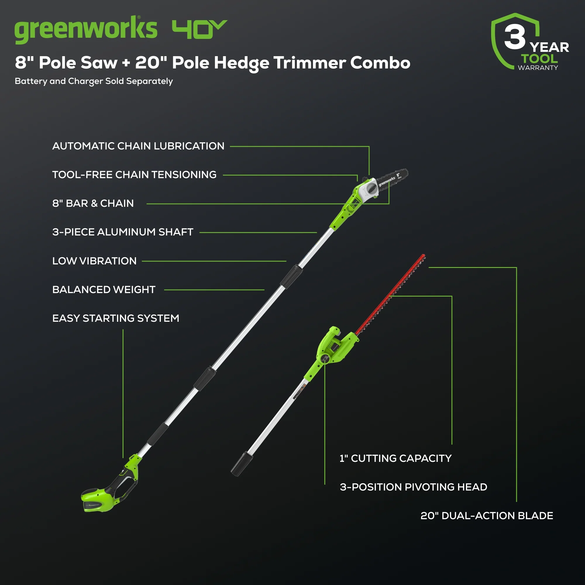40V Cordless 8 Pole Saw with Hedge Trimmer Attachment Combo Kit (Tool Only)