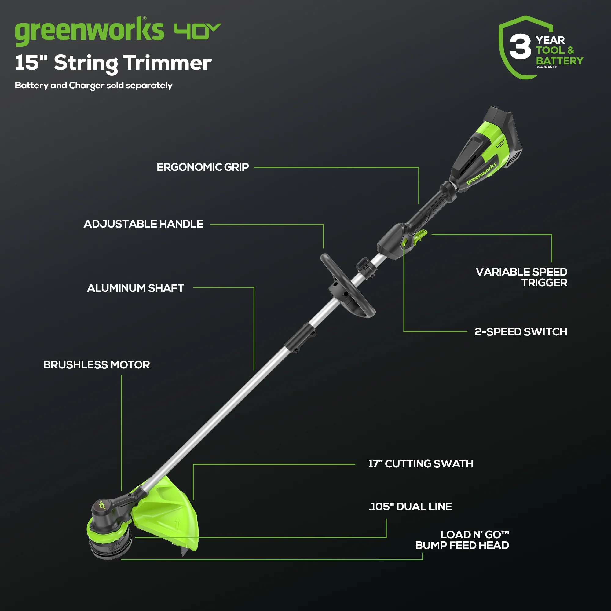 40V 17 Cordless Battery String Trimmer (Tool Only)