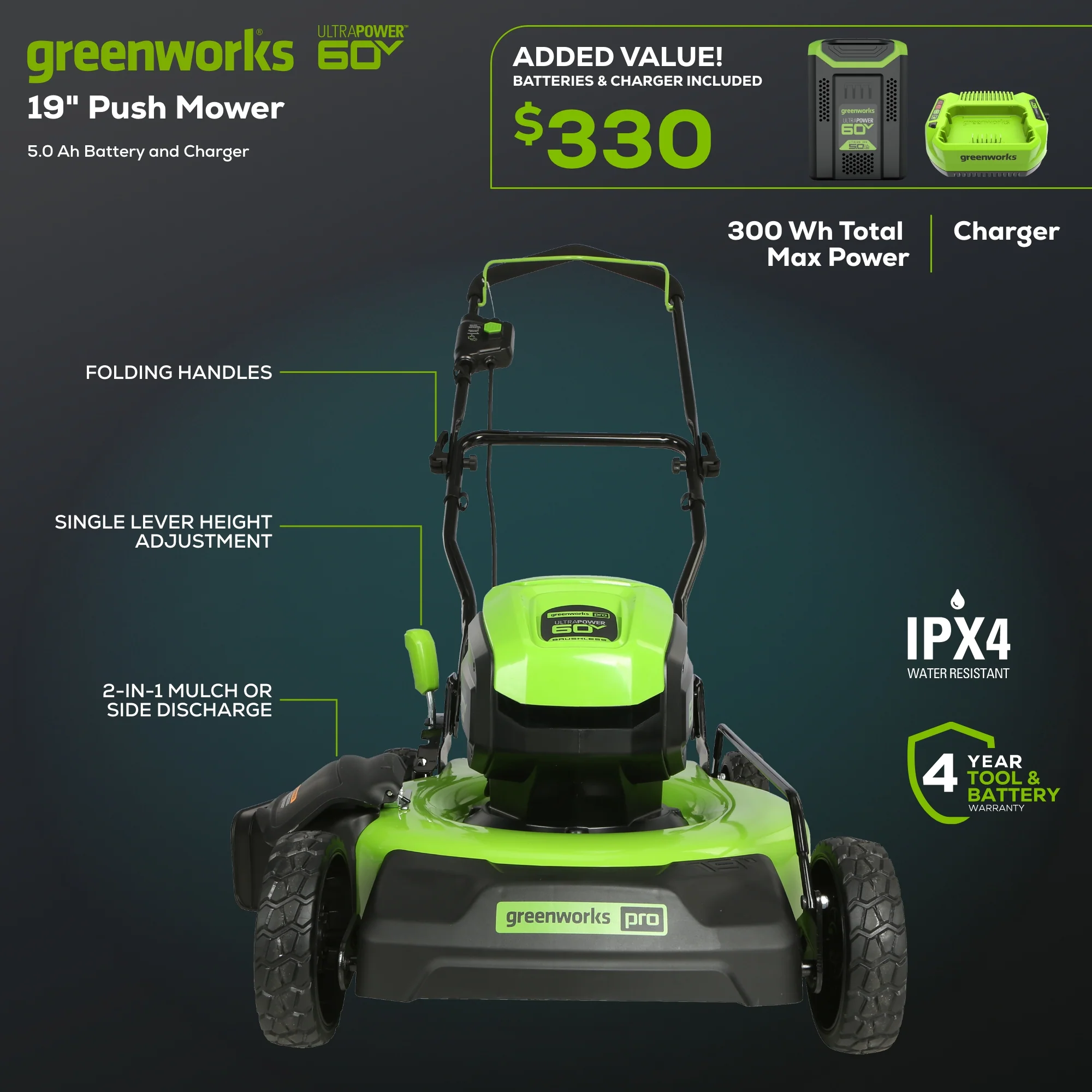 60V 19 Cordless Battery Push Lawn Mower w/ 5.0Ah Battery & Charger
