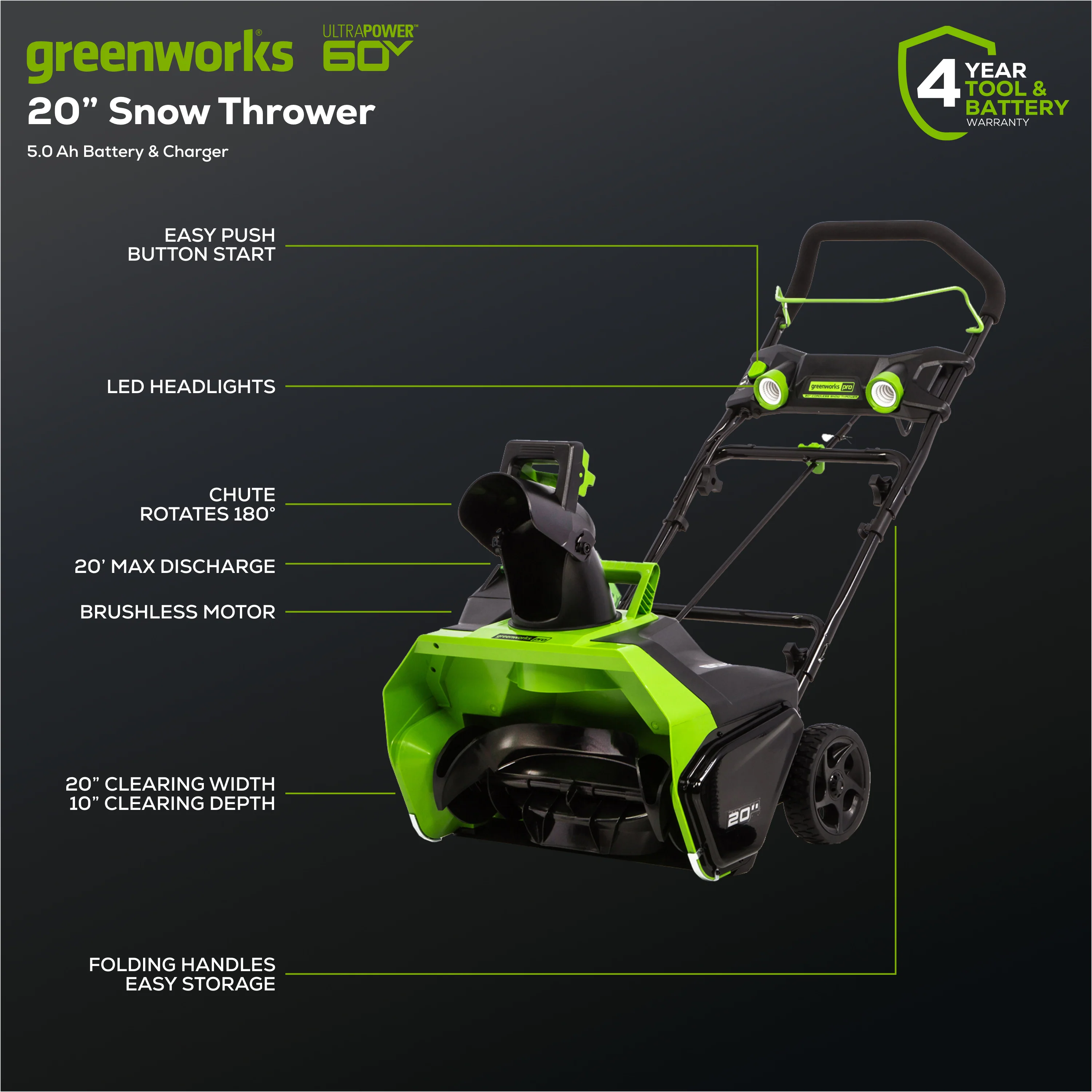 60V 20 Cordless Battery Single-Stage Snow Blower w/ 5.0Ah Battery & Charger