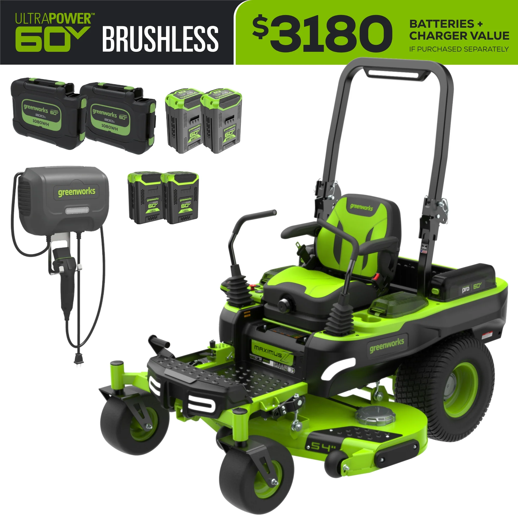 60V 54 MaximusZ Zero Turn Riding Mower with (2) 20.0 Ah, (2) 8.0 Ah & (2) 4.0 Ah Batteries and 1.5kW Charger