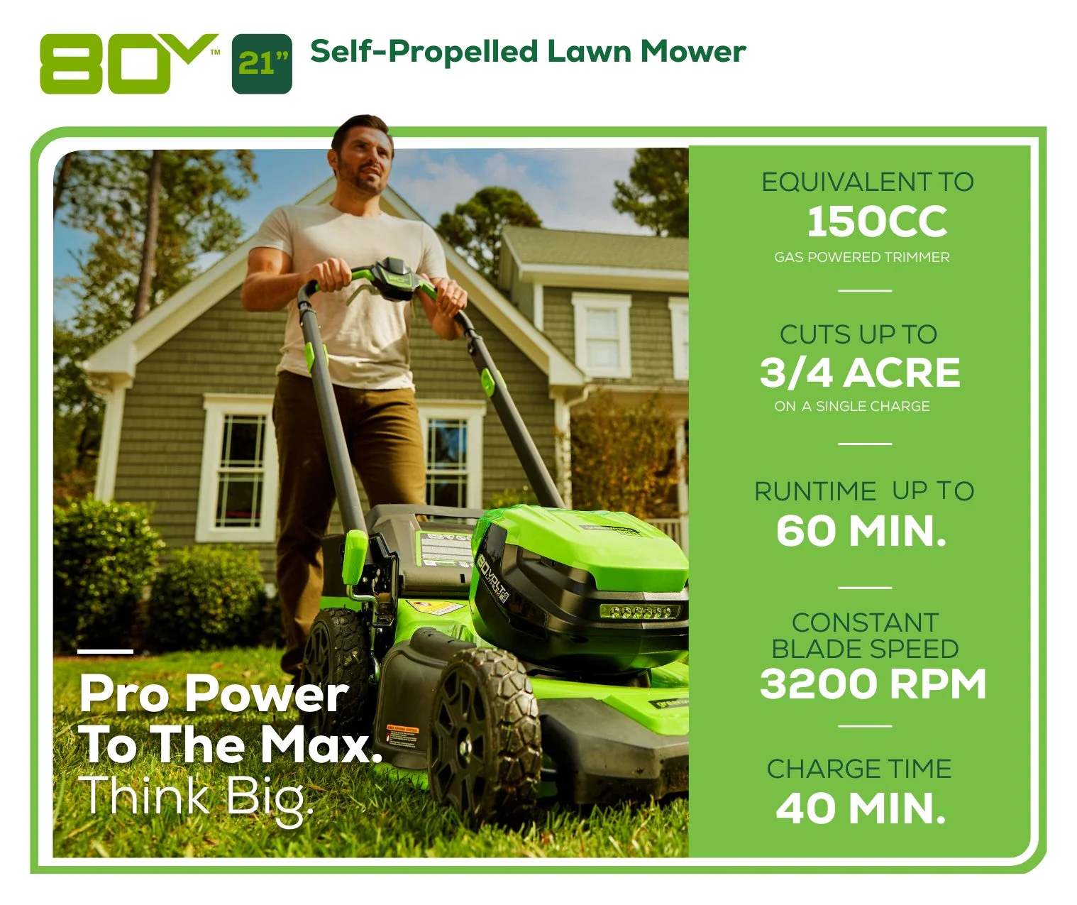 RENEWED 80V 21 Cordless Battery 4-in-1 Self-Propelled Lawn Mower w/ 4.0Ah, 2.0Ah Battery & Rapid Charger