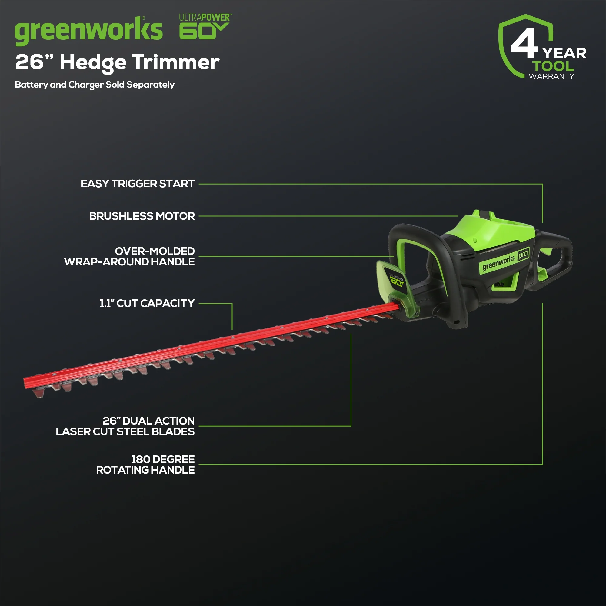 60V 26 Cordless Battery Hedge Trimmer 3200 SPM (Tool Only)