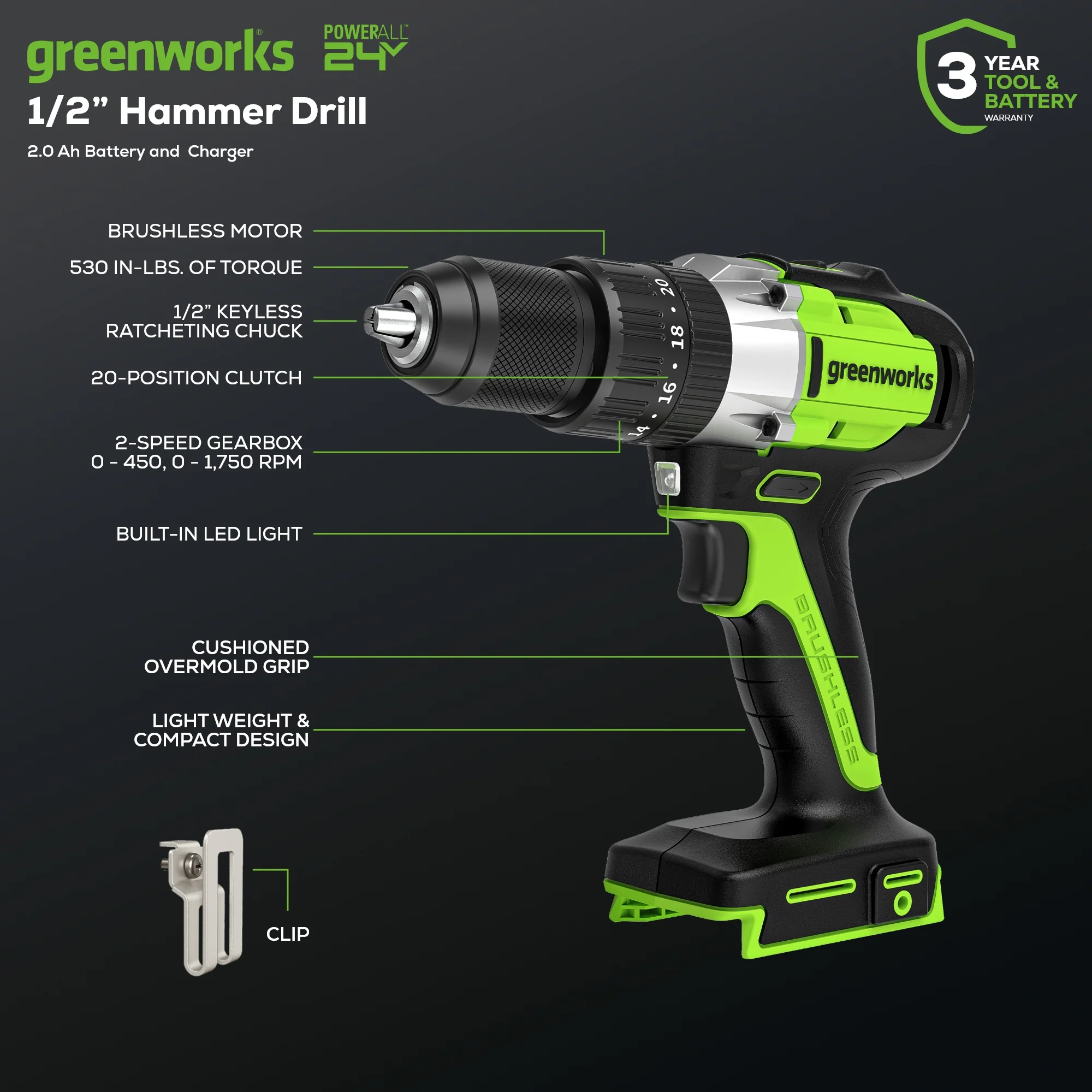 24V 1/2 530 in/lbs Hammer Drill w/ 2.0Ah Battery & Charger