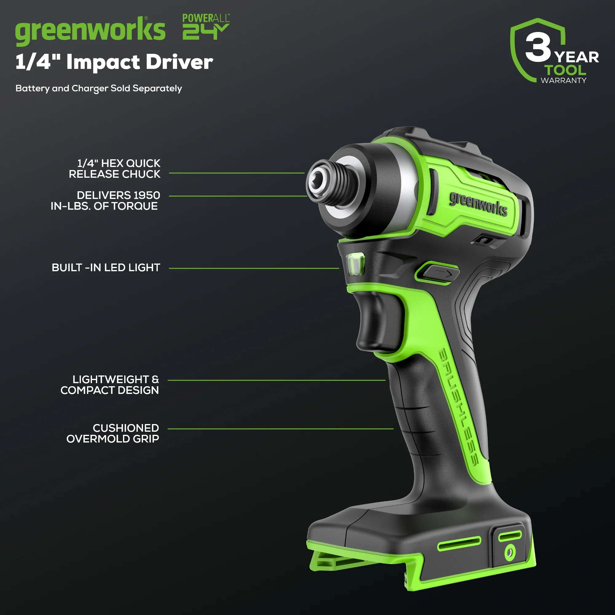 24V 1/4 1950 in/lbs Brushless Impact Driver (Tool Only)